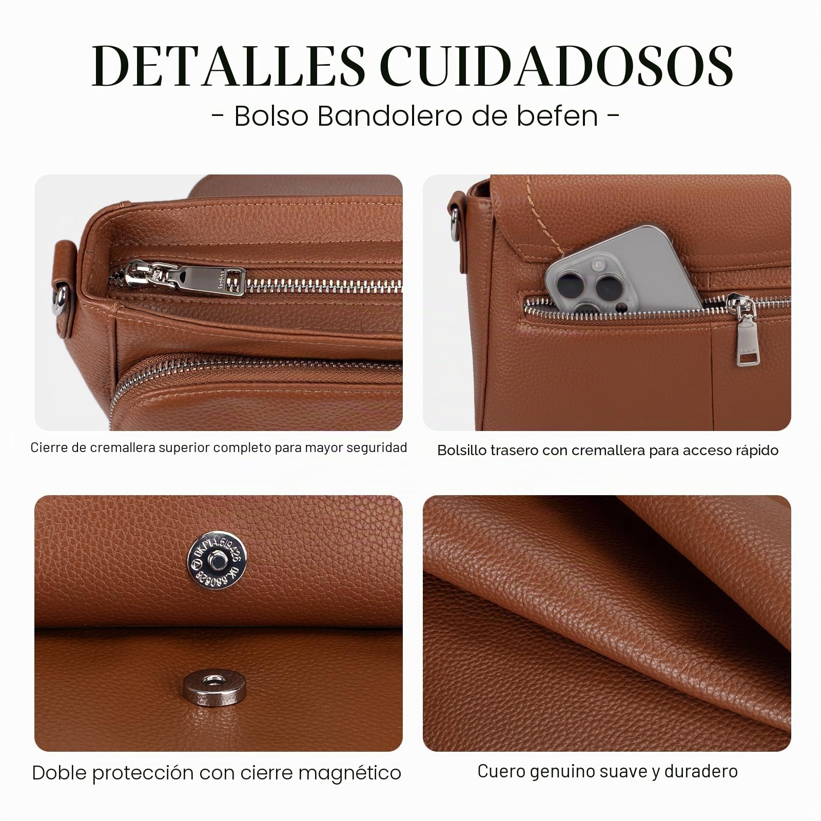 befen Bolsos cruzados de piel auténtica para mujer, bolsos pequeños para mujer, bolsos de mano para mujer, bolso de teléfono RFID con cartera integrada
