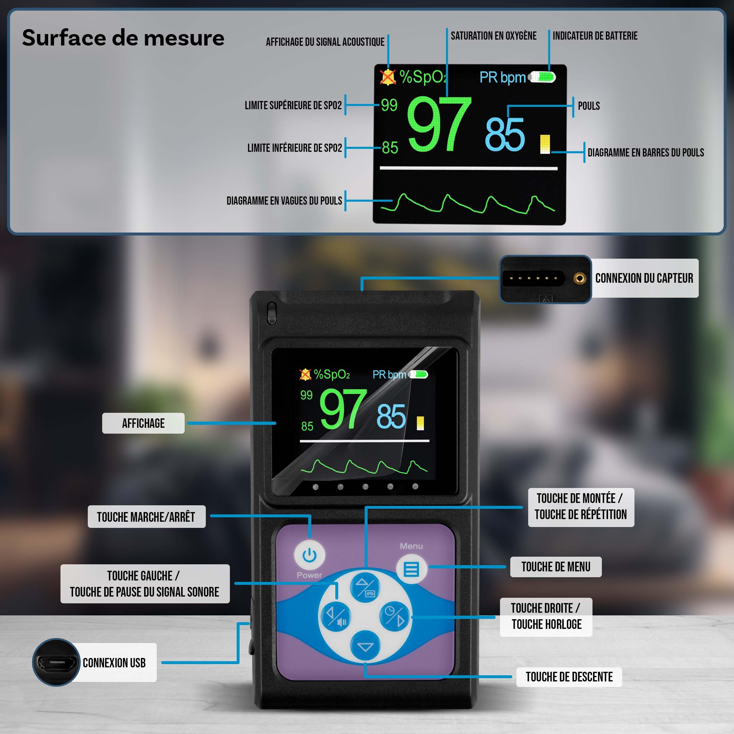 Pulox PO-650A Oxymètre de pouls - Saturometre portable de mesure de la SpO2 avec capteur externe - Long terme, Enregistrement, signal d'alerte sonore