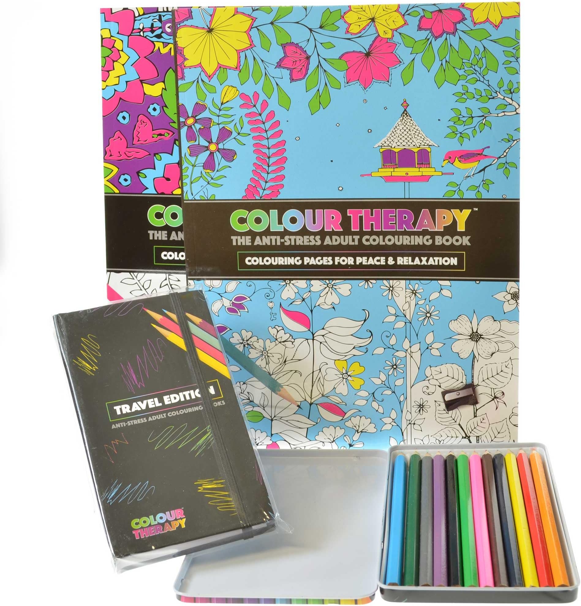 Colour Therapy Adult Colouring Pack Travel Kit A4 Colouring Books and 12 Coloured Pencil Pack