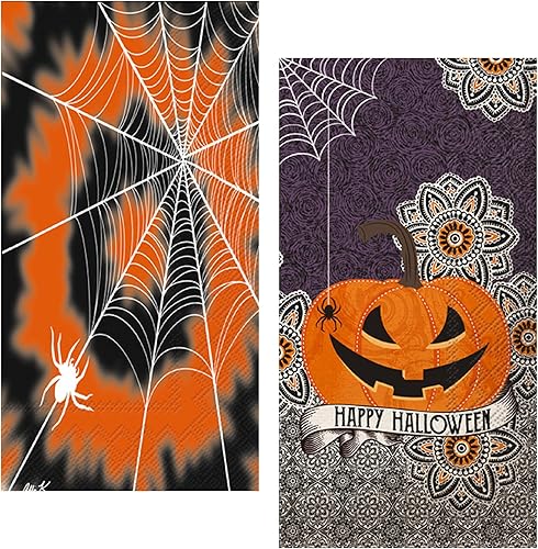 Ideal Home Range IHR - Servilletas de papel de 3 capas con 16 unidades de tela de teñido anudado de Halloween y 16 unidades de calabaza de Feliz