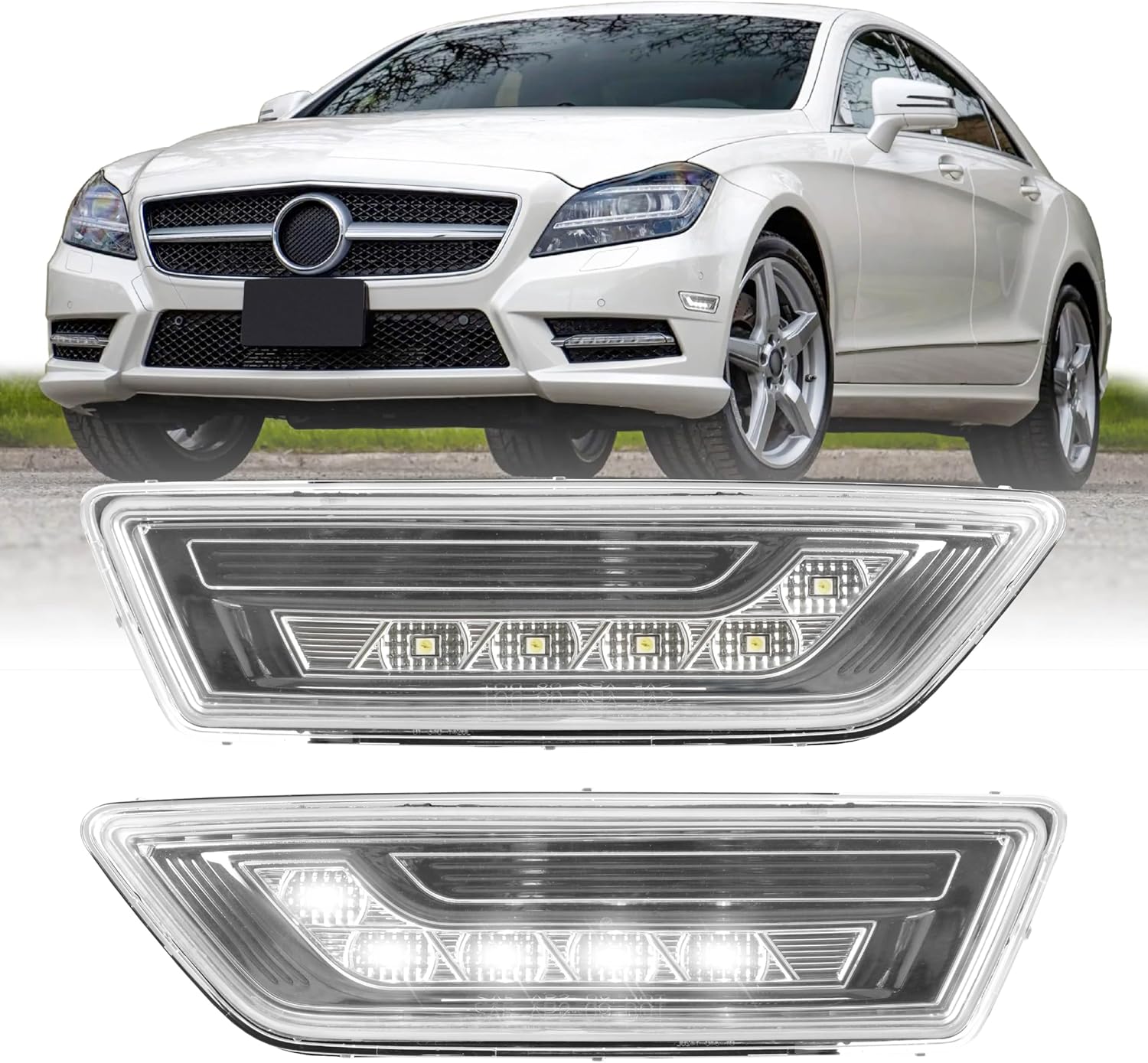 USR 12-14 W218 Front Side Marker Light – Bumper Parking Lamps (Left + Right) Pair - Compatible with 2012-2014 Mercedes-Benz CLS Class (CRYSTAL CLEAR LENS with WHITE LED) – Does Not fit AMG