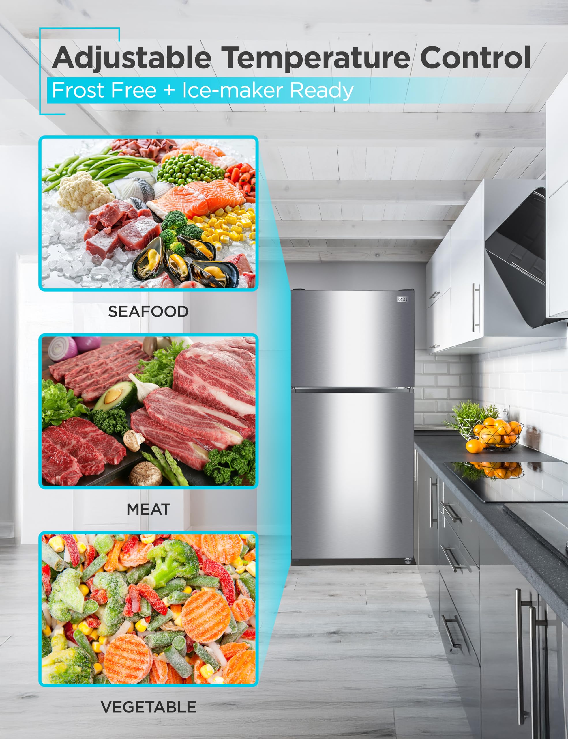 BLACK+DECKER 20.1 Cu. Ft. Top Mount Refrigerator with Freezer, 2 Door Refrigerator with Top Freezer and Adjustable Temperature Control, Full Size Kitchen Refrigerator, BR2010JS, Stainless Look on Fridge.com