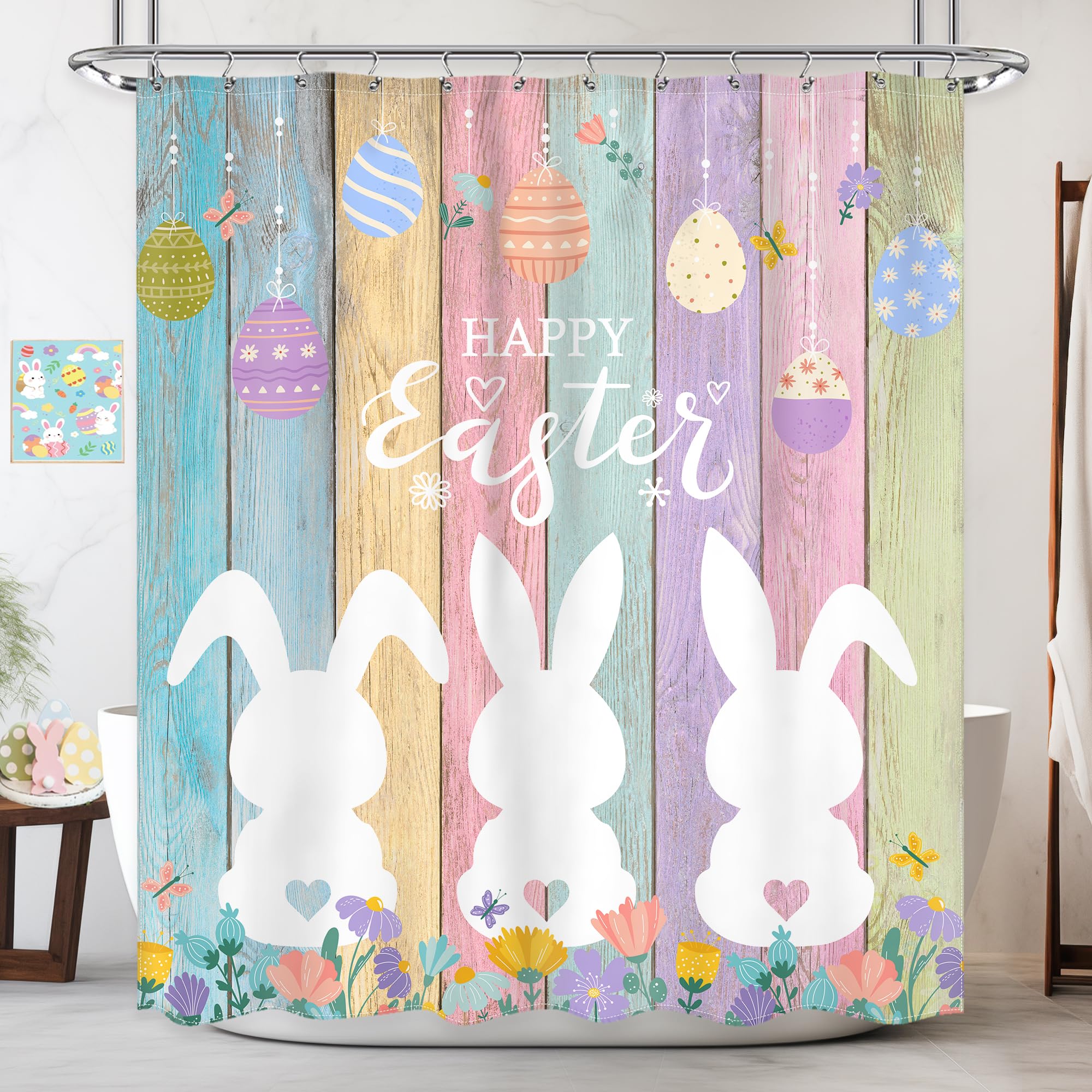 Newsely Happy Easter Shower Curtain 60Wx72H Inch Funny Cute Rabbit Bunny Eggs Farmhouse Cartoon Colorful Wood Plank Flower Spring Bathroom Set Kids Waterproof Bath Decoration Accessories Home Decor — image 1