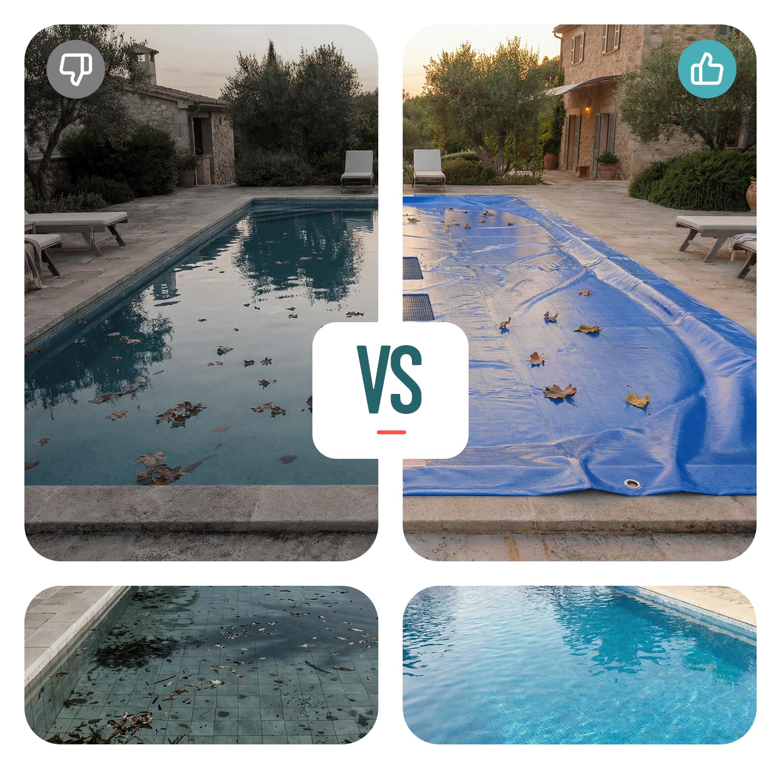 VOUNOT® Telone Rettangolare per Piscine 10 x 5 m, Telo di Copertura per Piscina in PE da 160 g/m² con Rete di Drenaggio Centrale Coperta Protezione, Blu-Grigio