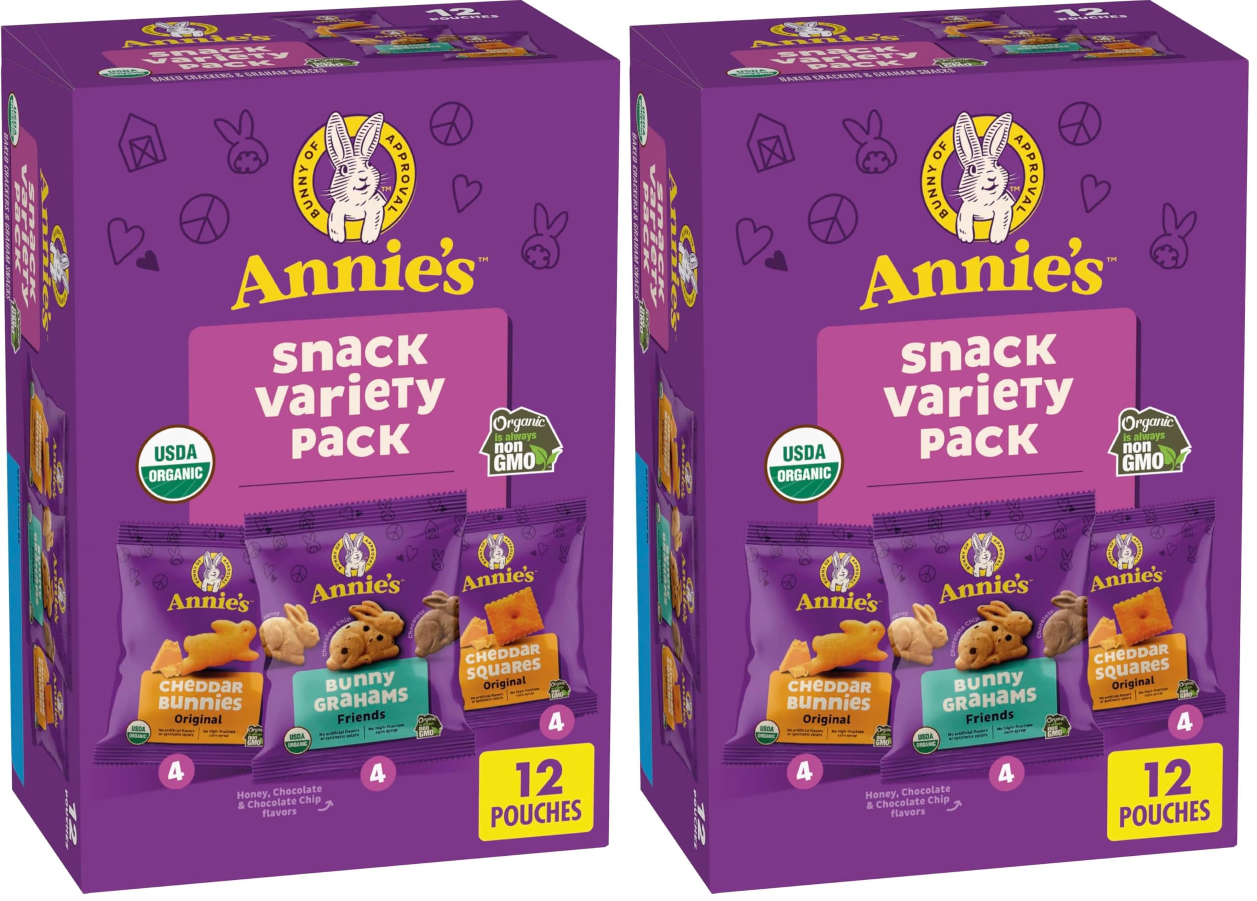 Annie's Organic Variety Pack, Cheddar Bunnies, Bunny Grahams & Cheddar Squares, 12 Pouches (Pack of 2)