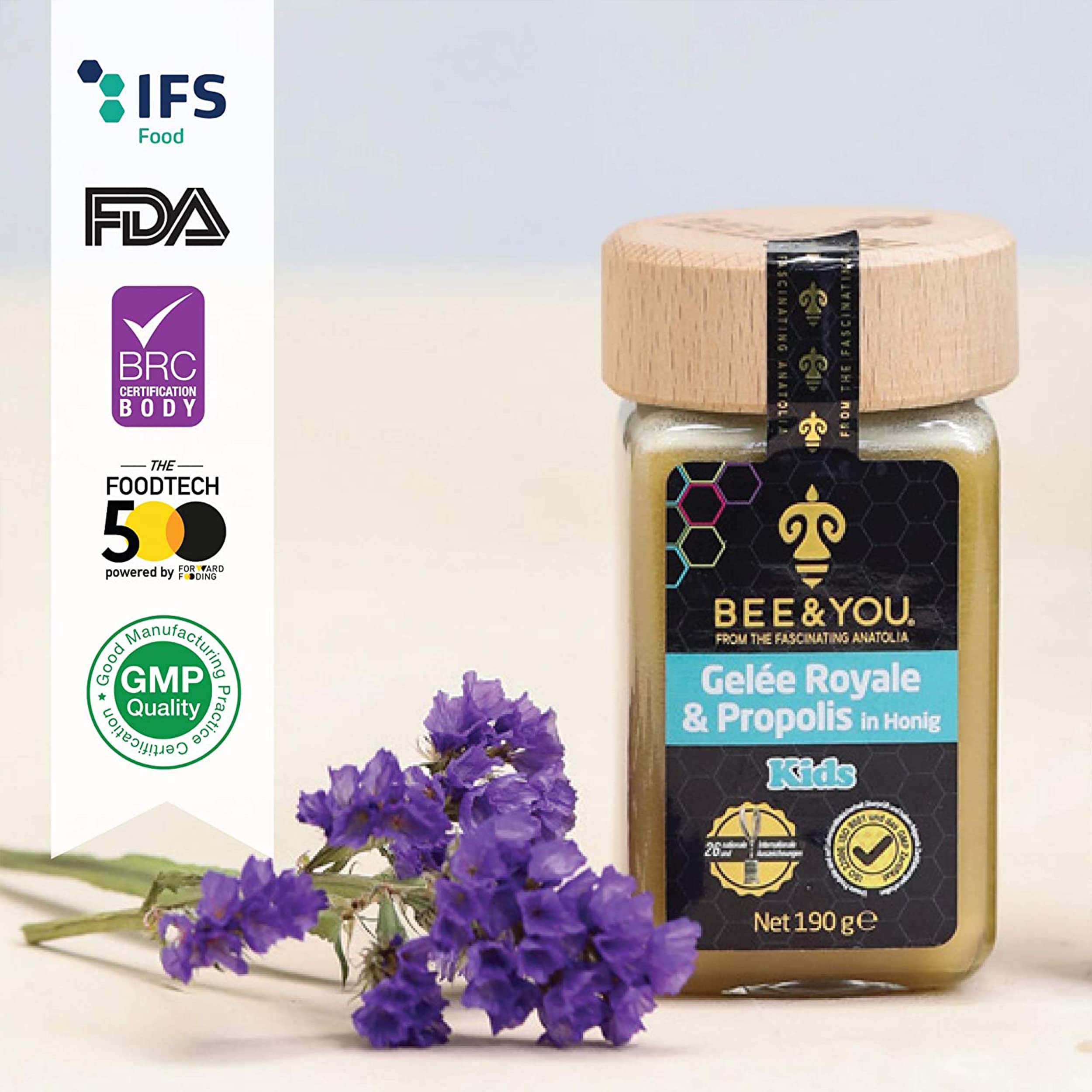 Bee&You Gelee Royale&Propolis in Honig für Kinder,100% natürlich, ohne Zusatzstoffe,Roher Honig,fairer Handel,natürliche&kontrollierte Zutaten,33 Auszeichnungen, 12 Zertifikate