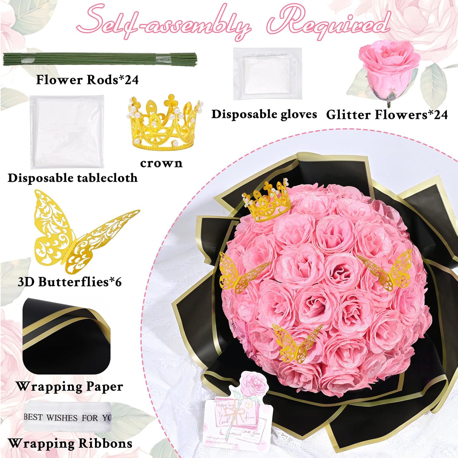 Waipfaru Pink Glitter Roses Bouquet, DIY Fake Flowers Bouquet, Everlasting Shiny Artificial Rose Bouquet for Valentine's Day, Anniversary, Engagement, Wedding, 24 Roses