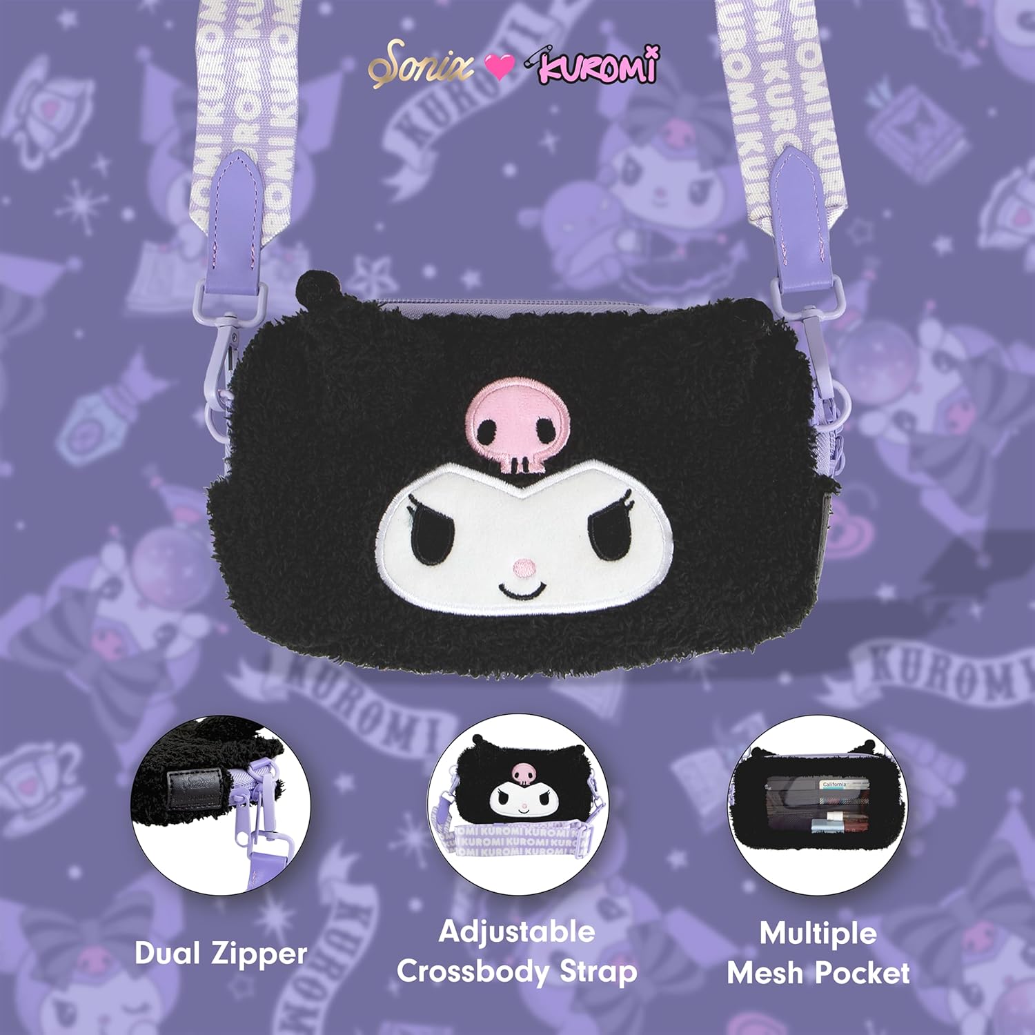 Sonix x Sanrio Plush Phone Wallet - Fuzzy Character Crossbody Bag, Furry Phone Pouch, Universal Smartphone Purse - Kuromi