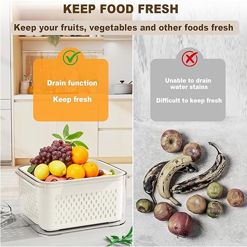 Miniatura 4 de 4 recipientes de almacenamiento de frutas para refrigerador (con cesta de drenaje), recipientes de alimentos a prueba de fugas, sin BPA, mantienen