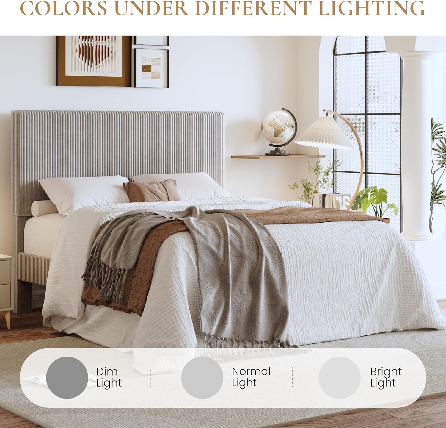 SHA CERLIN Queen Bed Frame, Velvet Platform Bed Frame with Vertical Channel Tufted Headboard, Upholstered Corduroy, Strong Wooden Slats, No Box Spring Needed, Easy Assembly, Light Grey