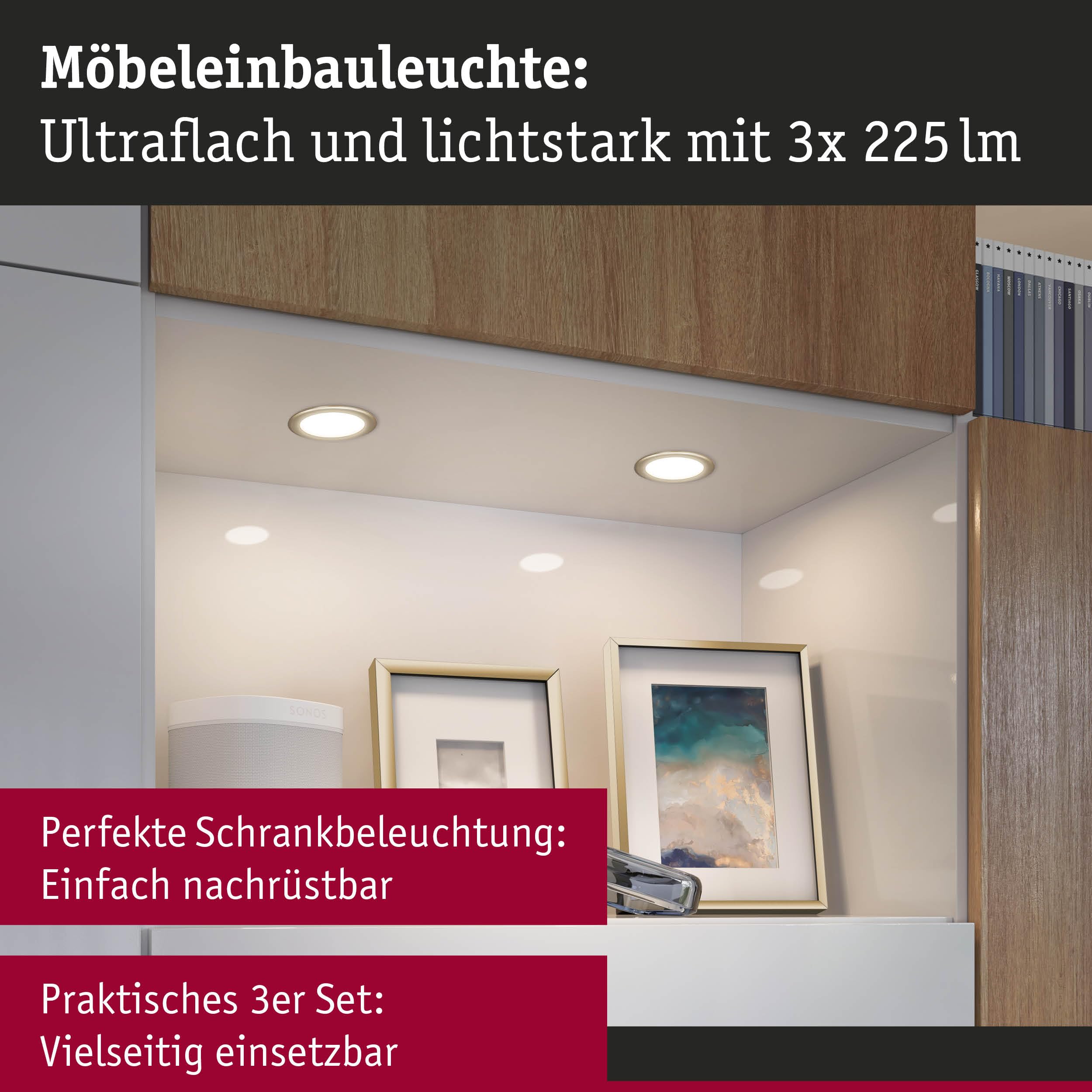 Paulmann 93119 LED Möbeleinbauleuchten 3er-Set 65mm 3x2,5W 3x180lm 230/12V 3000K Gold matt