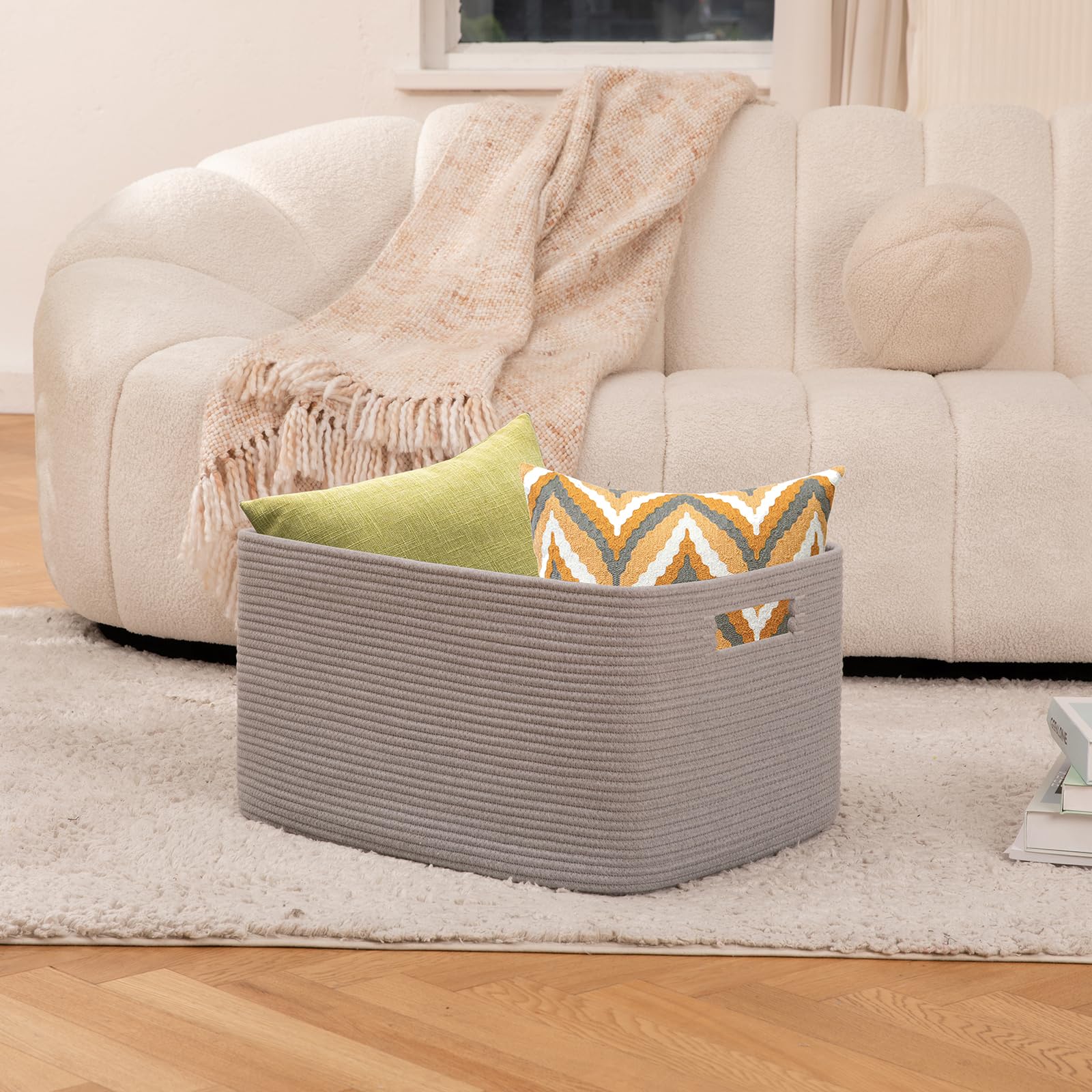 OIAHOMY 75L Large Blanket Basket, Woven Blanket Storage Basket with Handle, Cotton Rope Basket for Organizing 22”x17”x12” - Image 2