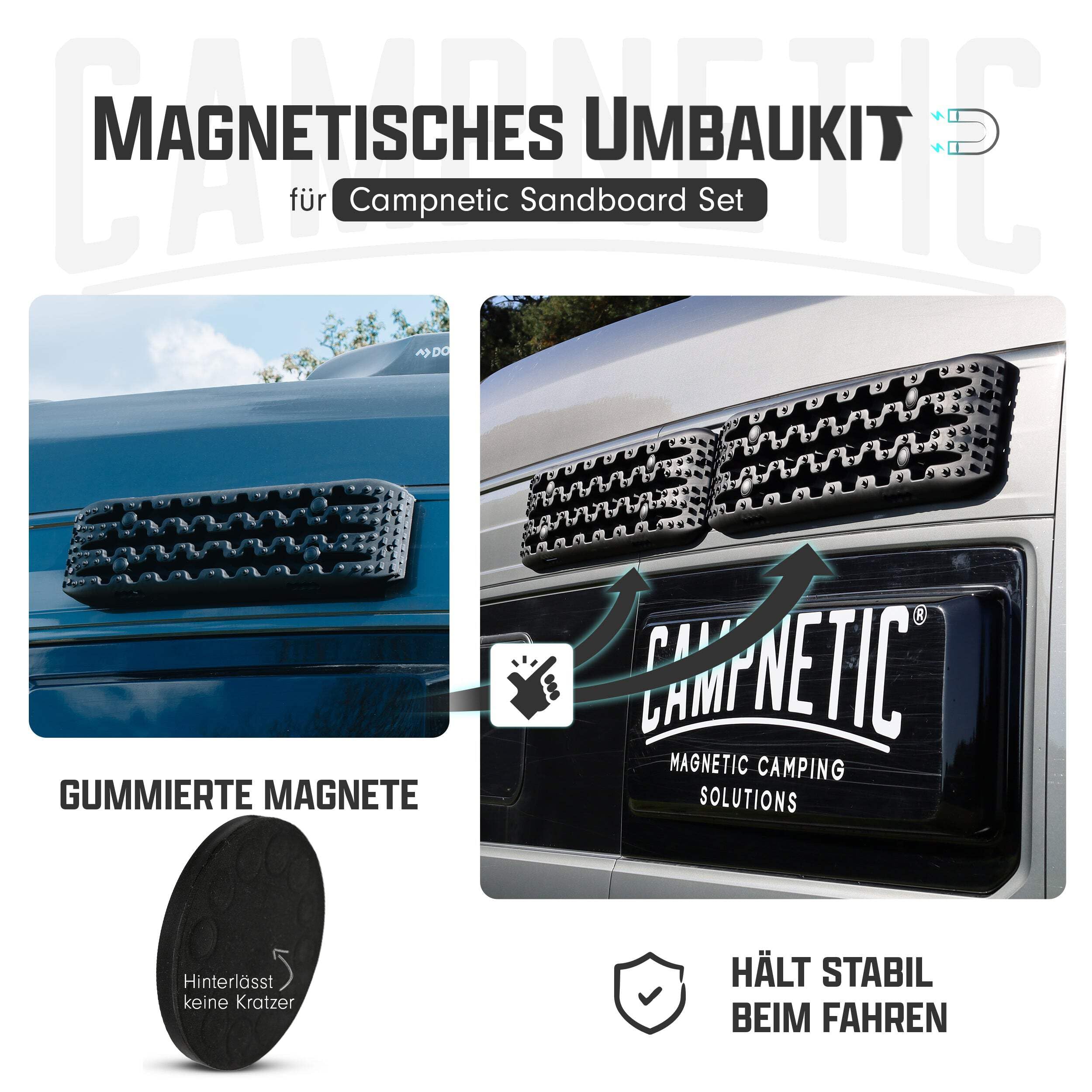 Campnetic Umbaukit auf Einzelhalterung für Sandboard Set | Umbaukit für das originalen Campnetic Sandboards, Sandbleche einzeln montieren, Offroad Zubehör, ohne bohren, Magnethalterung