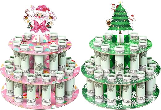 JWSCYSY 2Pack Christmas Money Holder, Christmas Ornament Cash Holder with 24 Holes Cake for Table Decor Xmas Money Gifts Pink, Green