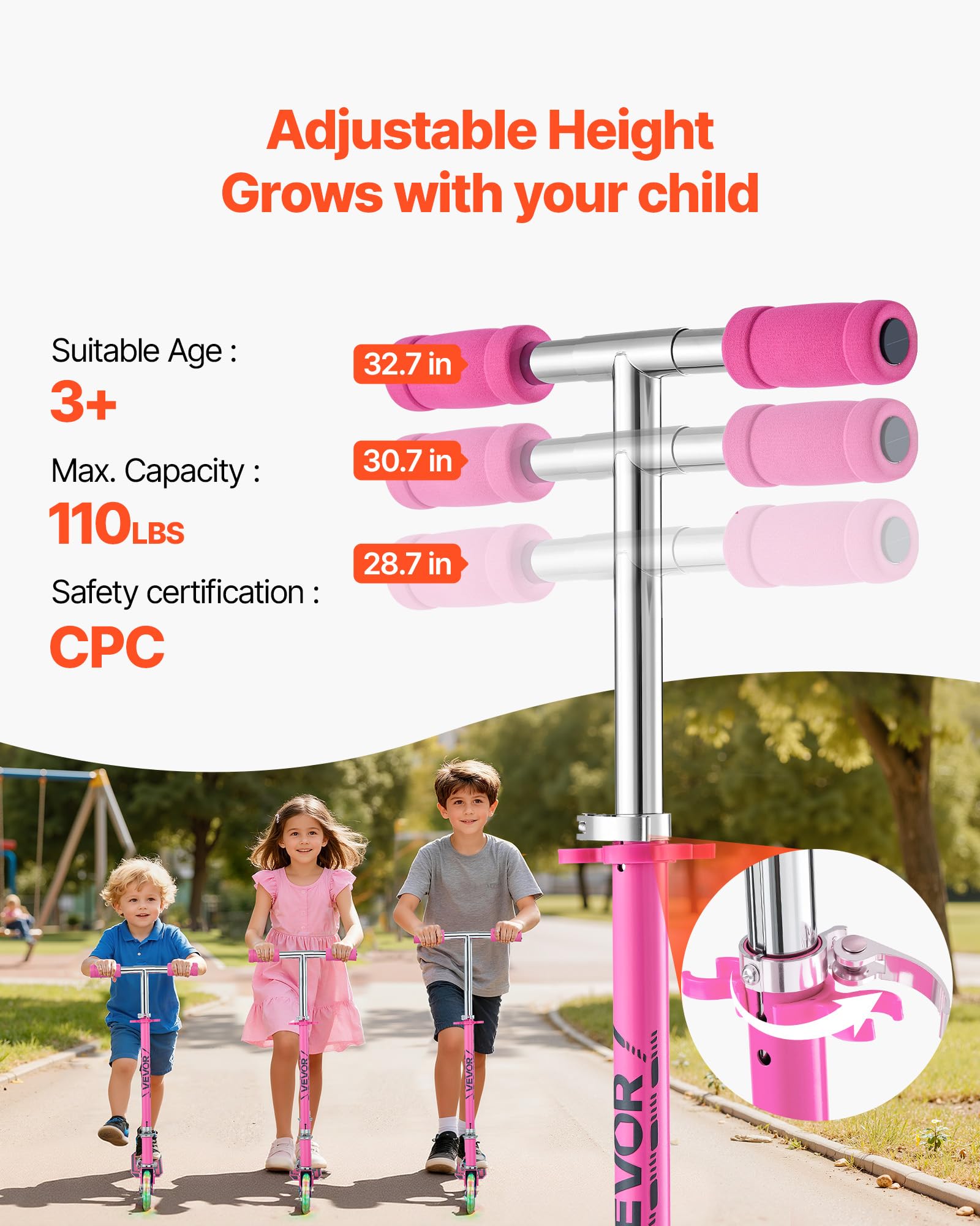 VEVOR Trottinette pour Enfants à partir de 3 Ans, patinette à 2 Roues Lumineuses, Guidon réglable en Hauteur, Large Plateau antidérapant, Cadre léger et Pliable pour garçons et Filles à 50 kg, Rose