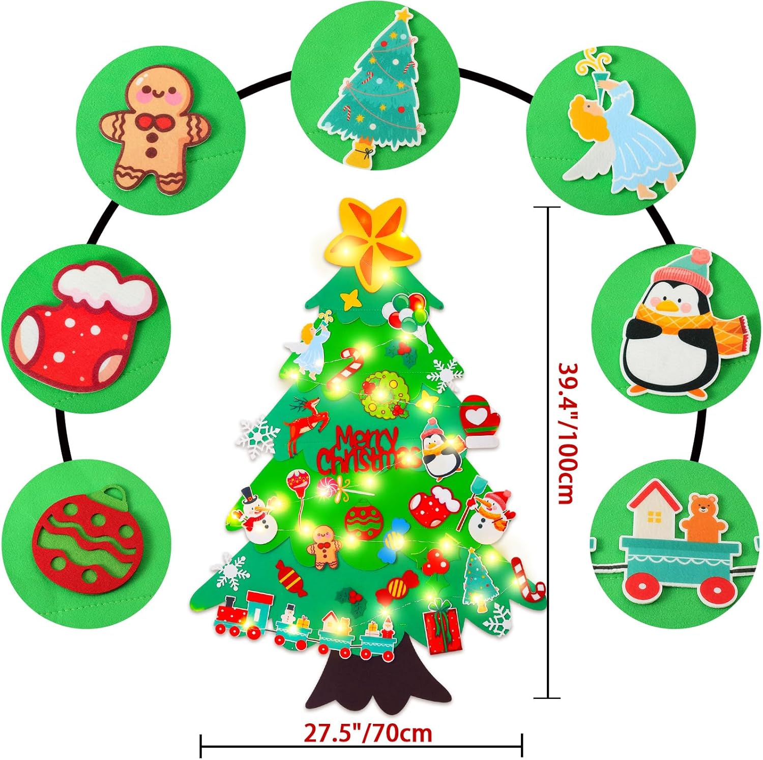 Condition photo showing New/Like New for felt christmas tree for toddlers - 3.5 ft wall felt christmas tree for kids with lights and 32 pcs ornaments, diy xmas gifts for door hanging christmas decorations (batteries not included) large-3.5 ft green