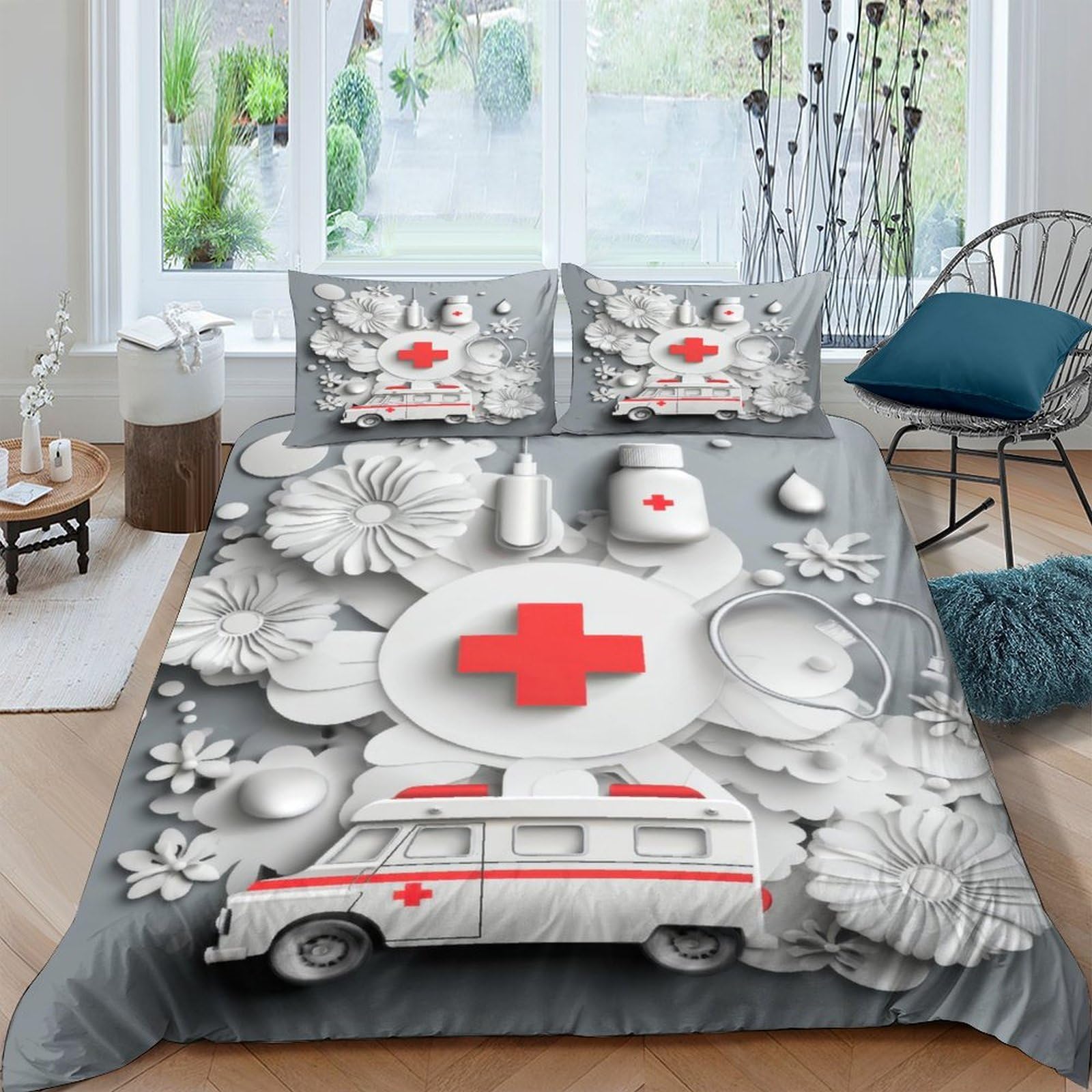 Ctjqhvkz Style-2 3D Printed Medical Theme Fitted Sheet Microfiber Soft Grey White Nurse Ambulance Bed Cover For Bedroom Guest Room Single（135X200cm）