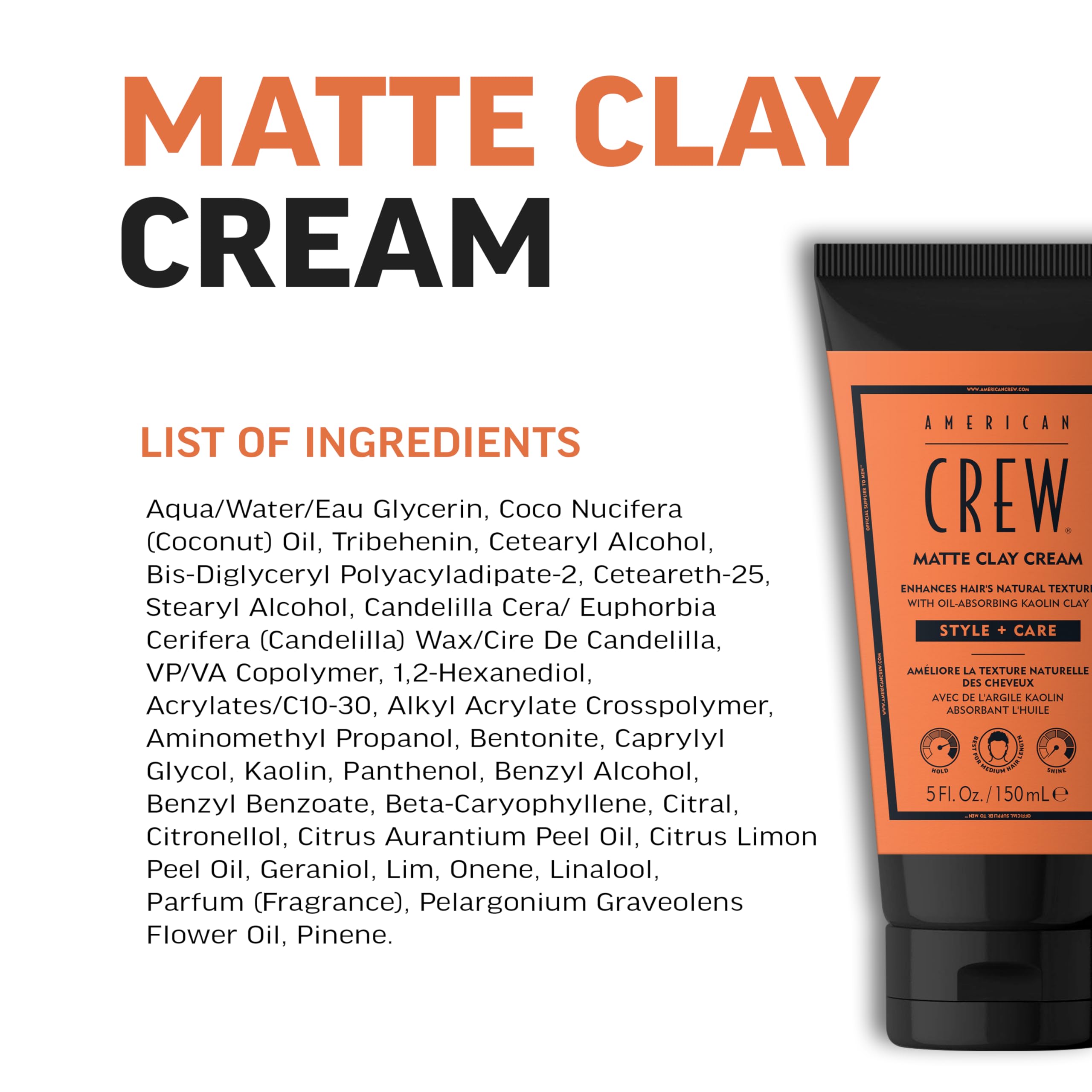 AMERICAN CREW Matte Clay Cream, Hybrid Hair Styling Clay Gel For Men, Medium Hold With Matte Finish, 5 fl oz