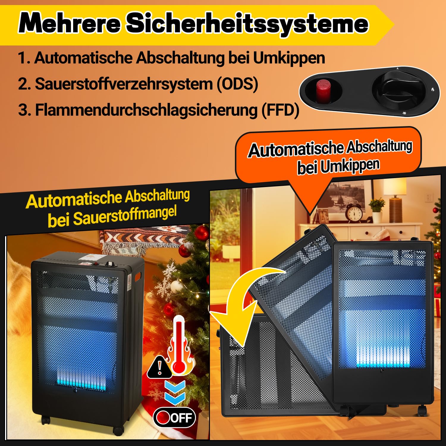 Ogrzewanie gazowe do wnętrz, 3800 W, grzejnik gazowy do butli gazowych do 15 kg, w zestawie regulator ciśnienia gazu, wąż gazowy