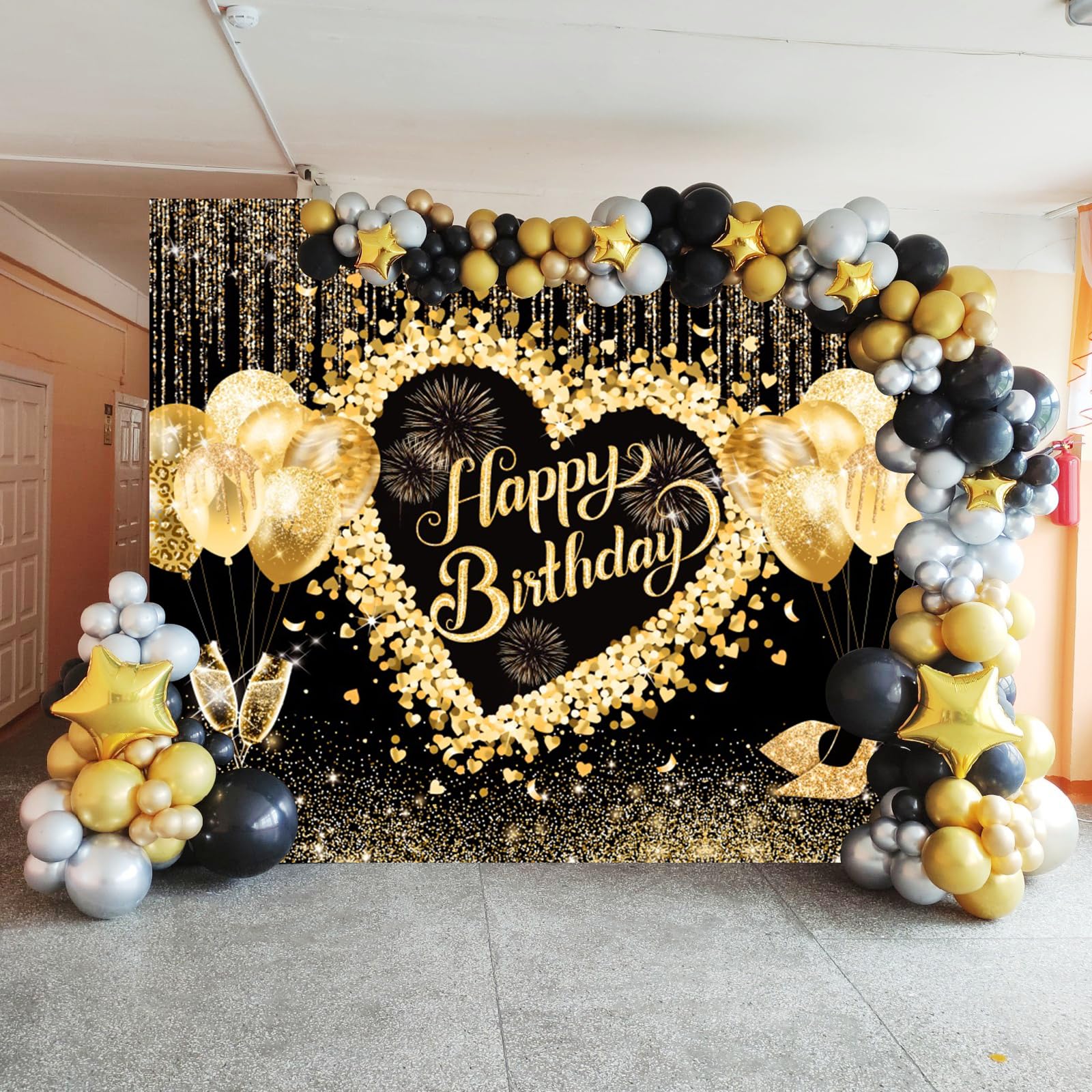 Black and Golden Birthday Backdrop 10x8ft Balloons High heel Happy Birthday Photography Background for Women Birthday Backdrop for Party Decorations Studio Photo Booth Props