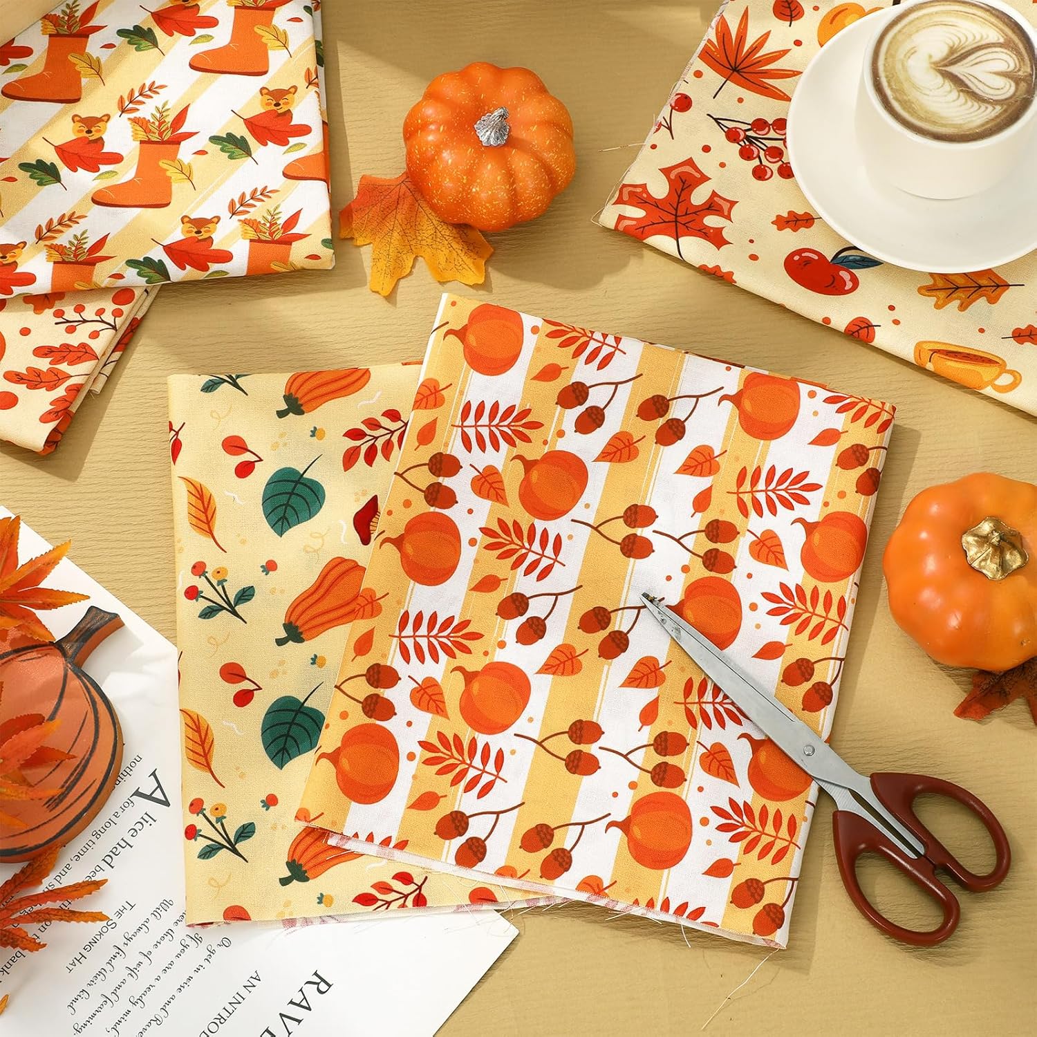 JarThenaAMCS 12 Pcs Fall Cotton Fabric Bundles Pumpkin Maple Leaf Mushroom Acorn Fat Quarters Autumn Thanksgiving Quilting Patchwork for DIY Craft Home Party Decor, 18 x 22 Inch