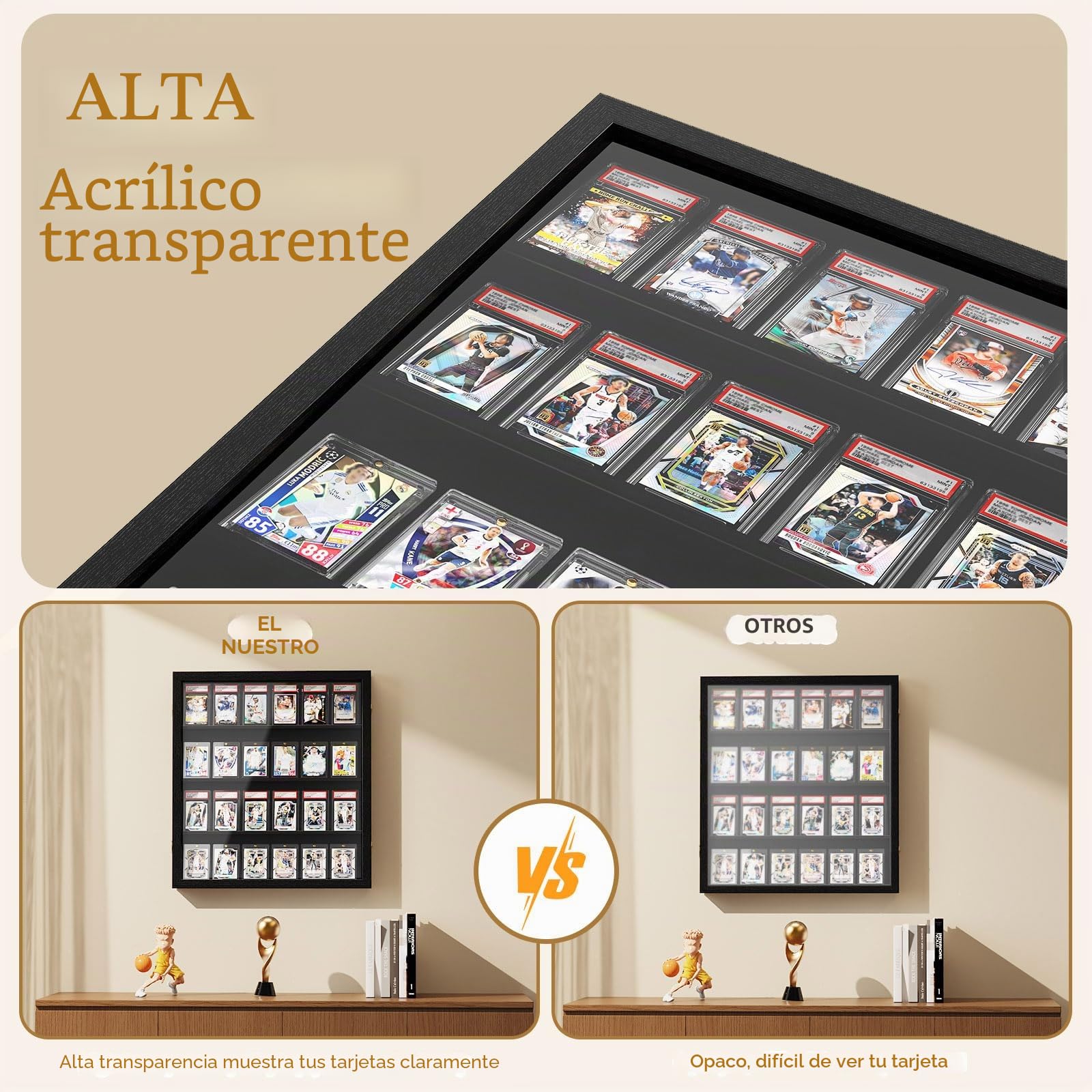 Soporte de exhibición de tarjetas para pared, madera y pisos, expositor de tarjetas coleccionables, transparente HD con marco de exhibición de tarjetas para tarjetas de béisbol deportivas