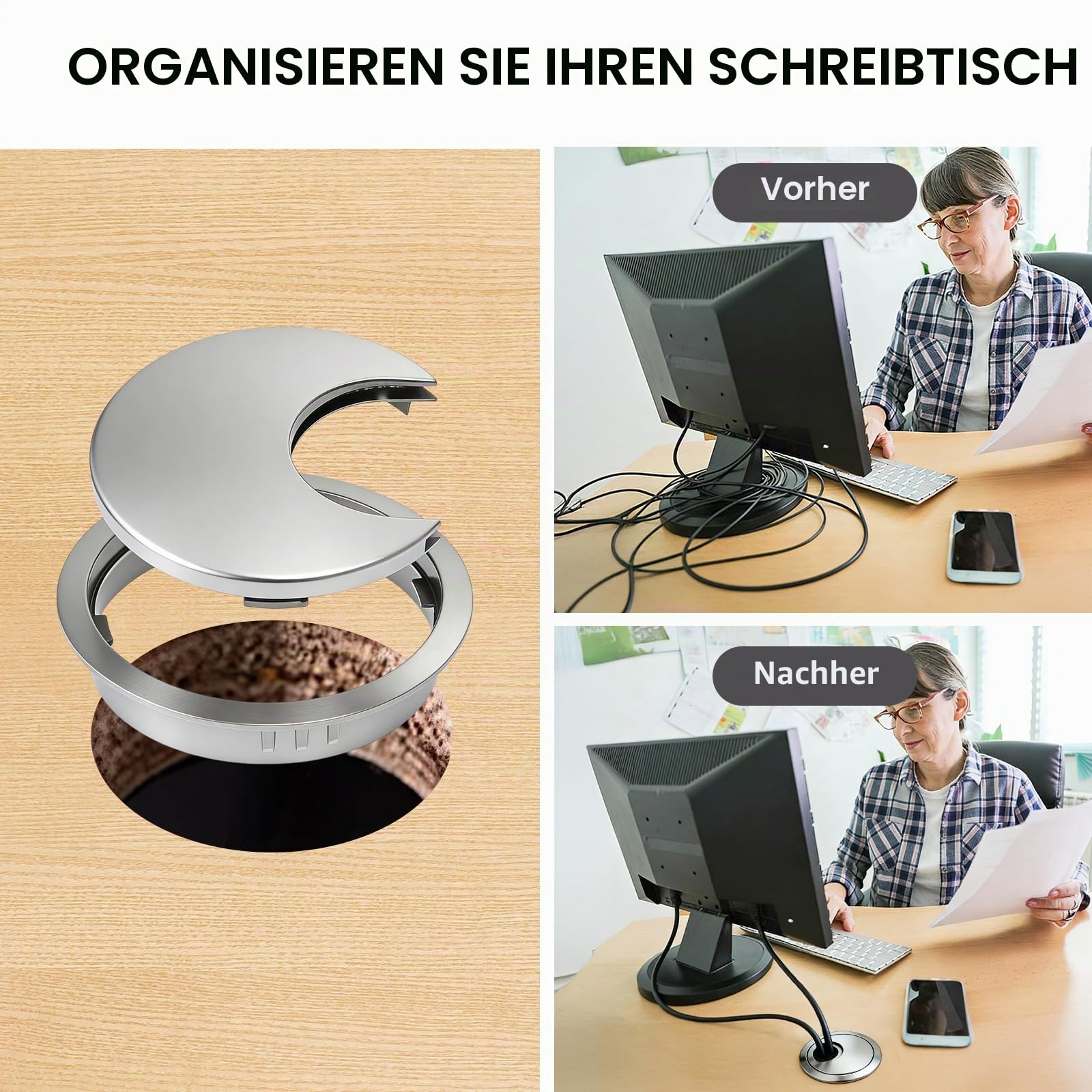Luabueb 2 Stück Kabeldurchführung Schreibtisch 60mm Silber Kabeldurchlass Metall Schreibtischlochabdeckung mit 1 Stück 60mm Lochsäge für Schreibtische Computertisch Arbeitstisch Bürotisch Spieltisch | Runde Tischkabeldurchführung mit Lochsäge für Tischkab