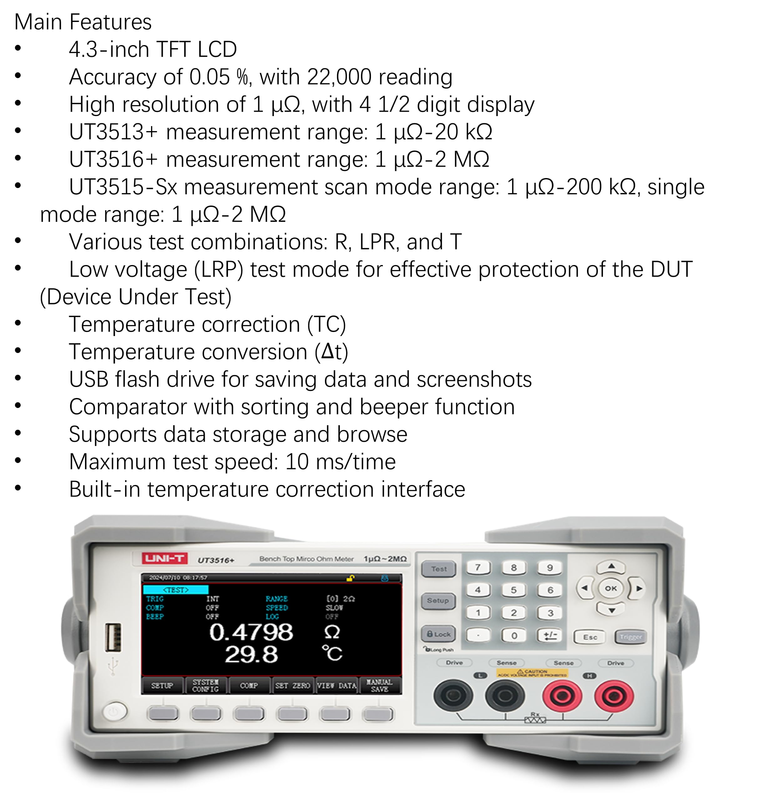 Microóhmetro de banco de alta precisión de la serie UNI-T UT3510+ – Resolución de 1μΩ, precisión del 0.05%, prueba rápida de 10 ms (UT3516+ 1 μΩ-2 MΩ)