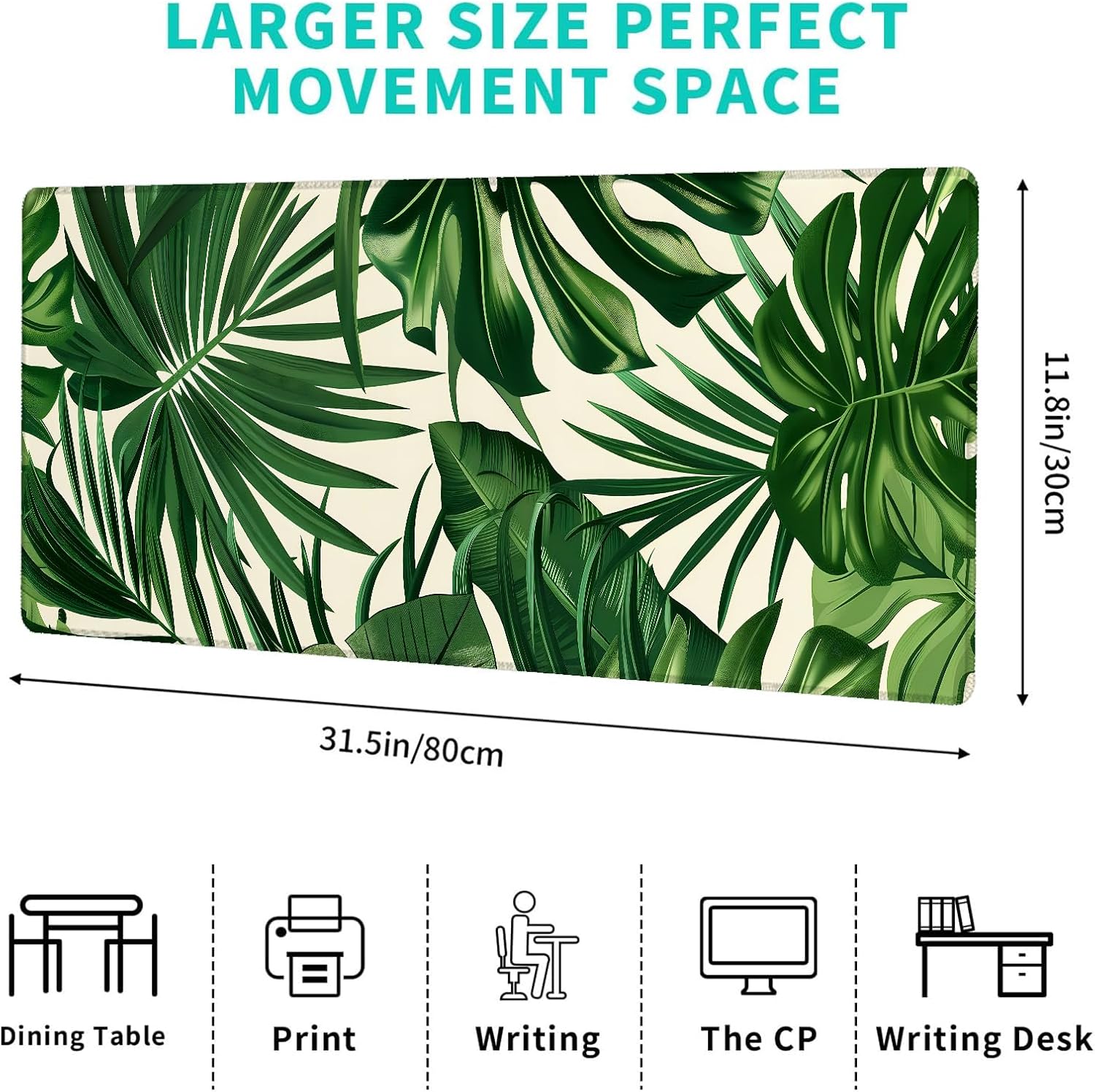 Tropical Leaf Gaming Mouse Pad – 12x31.5in Non-Slip Rubber Desk Mat with Green Botanical Design – Large Extended Mouse Pad for Office Home – Deskmat Gifts for Nature Lovers and Art Decor