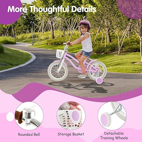 Miniatura 6 de HONEY JOY Bicicleta para niños de 12, 14, 16, 18, 20 pulgadas, con ruedas de entrenamiento, freno de mano y freno de posavasos, cadena totalmente