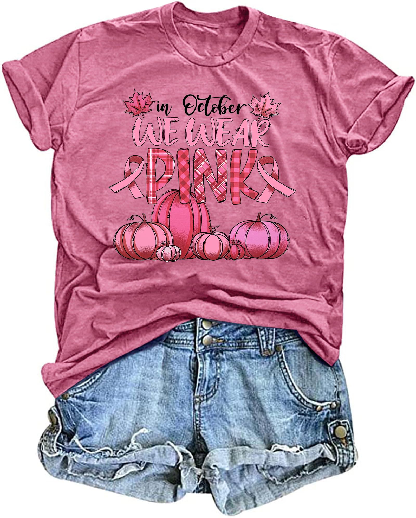 LHBNKWomen in October We Wear Pink Shirts Breast Cancer T-Shirt Pumpkins Graphic Casual Halloween Tops