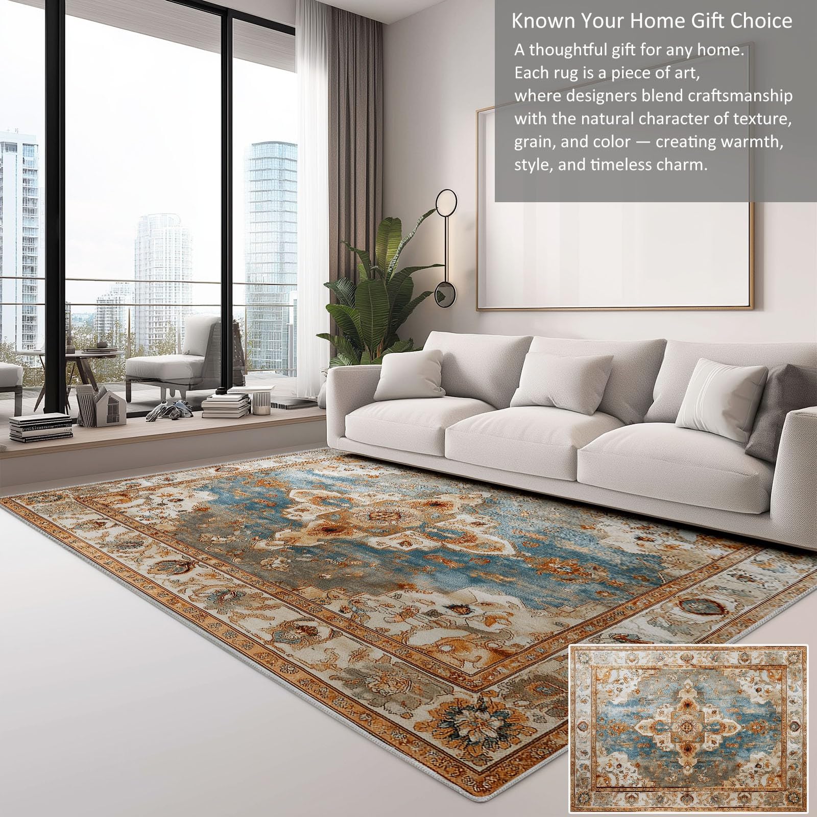 Tapis Rétro Naturel Géométrique Floral Salon Salle à Manger, Chambre, Cuisine Antidérapant avec Motif Imprimé Tapis Doux Poil Ras Décoration Maison (Jaune, 100 x 150 cm)