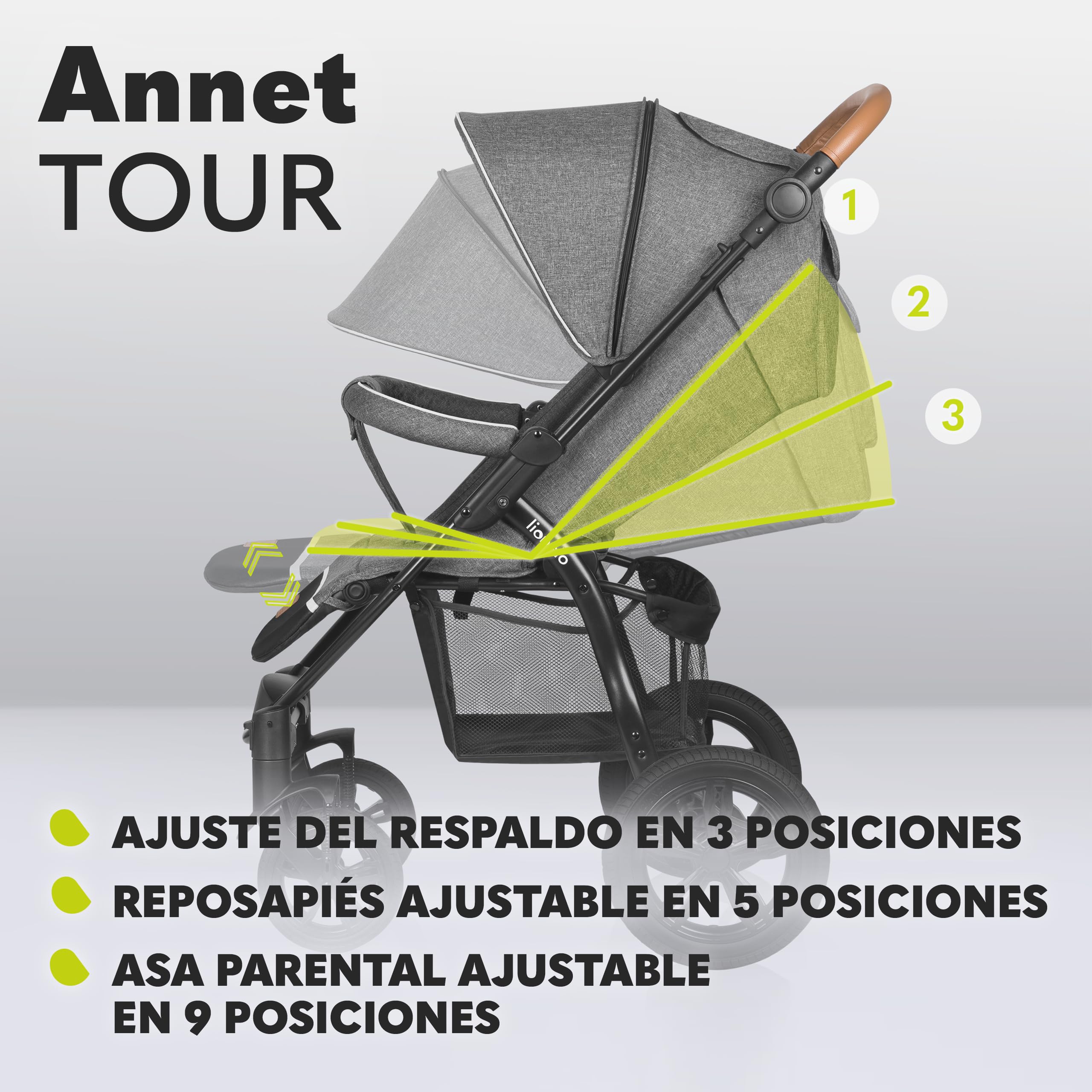 LIONELO Annet Tour Silla de paseo, bebe carro, hasta 22 kg, ajuste del respaldo a la posición tumbada, ruedas sin mantenimiento, capota impermeable XXL, cinturones de 5 puntos (gris)