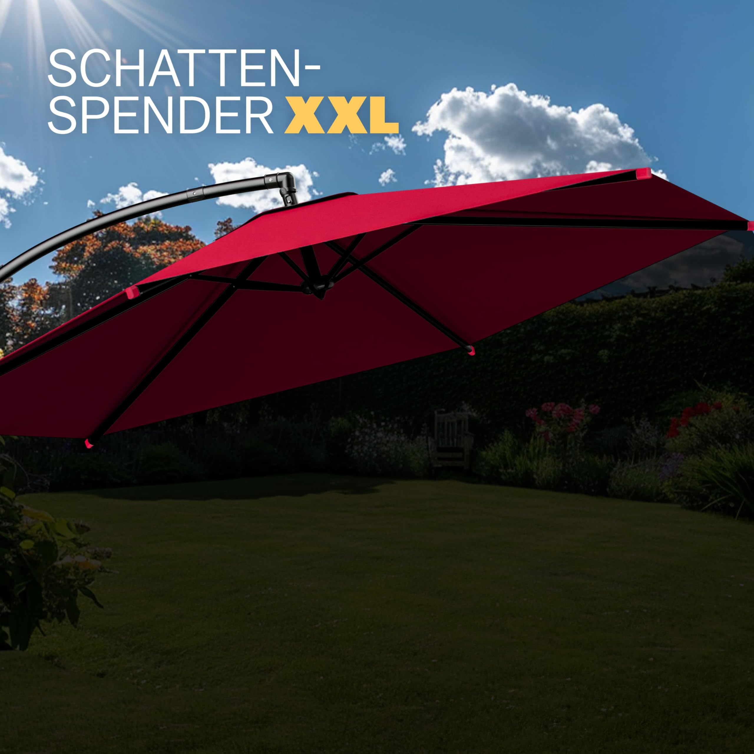 Kingsleeve® Sonnenschirm UV Schutz 80+ Ø 300 cm Groß mit Ständer Schutzhülle Windsicherung Windfest Neigbar Rund Kurbel Garten Balkon Ampelschirm Rot