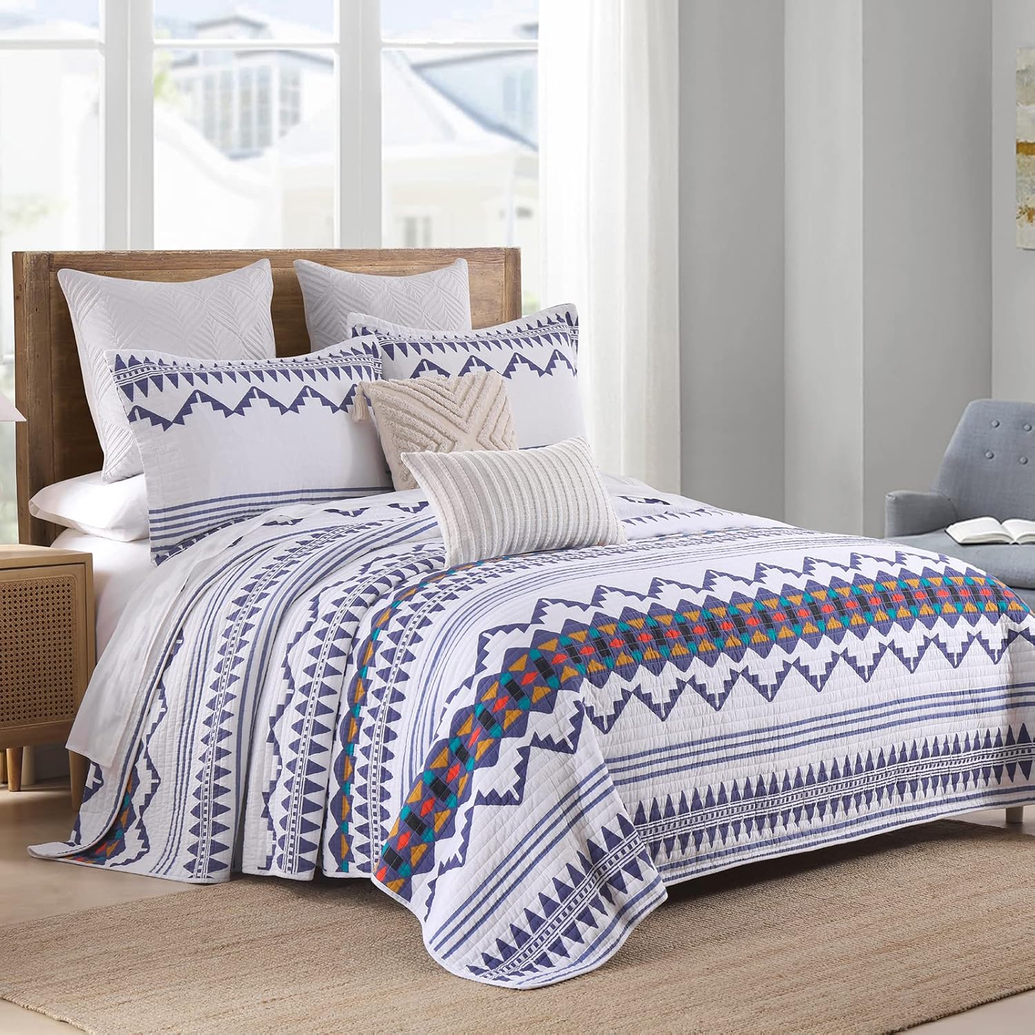 KALOOLA Boho Quilt King Size - 100% Cotton Lightweight Bedspread with 2 Pillowshams, 3 Pieces Aztec Geometric Bedding Coverlet for All Seasons (106"x98") Blue White King (98"x106")