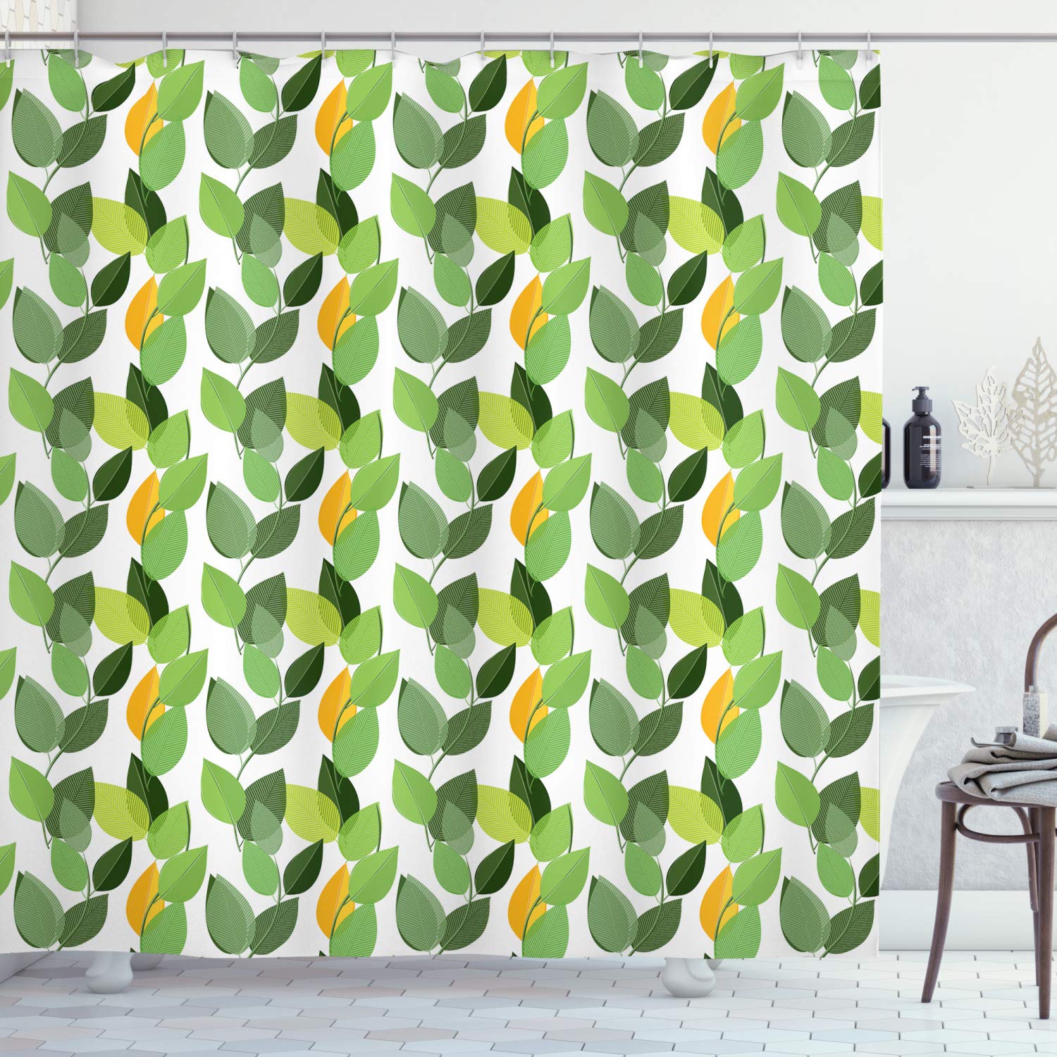 ABAKUHAUS Leaves Shower Curtain, Mother Nature Feng Shui Themed Vegetation Growth Tranquil Illustration, Cloth Fabric Bathroom Decor Set with Hooks, 94 Inches, Fern Green Marigold โ image 1