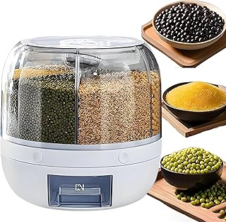 Rotating Grain Storage Bin 6 Grids Rice Container One-Click Output Large Capacity Food Dispenser For Rice Grains Sealed Moisture Proof Organizer (Small)
