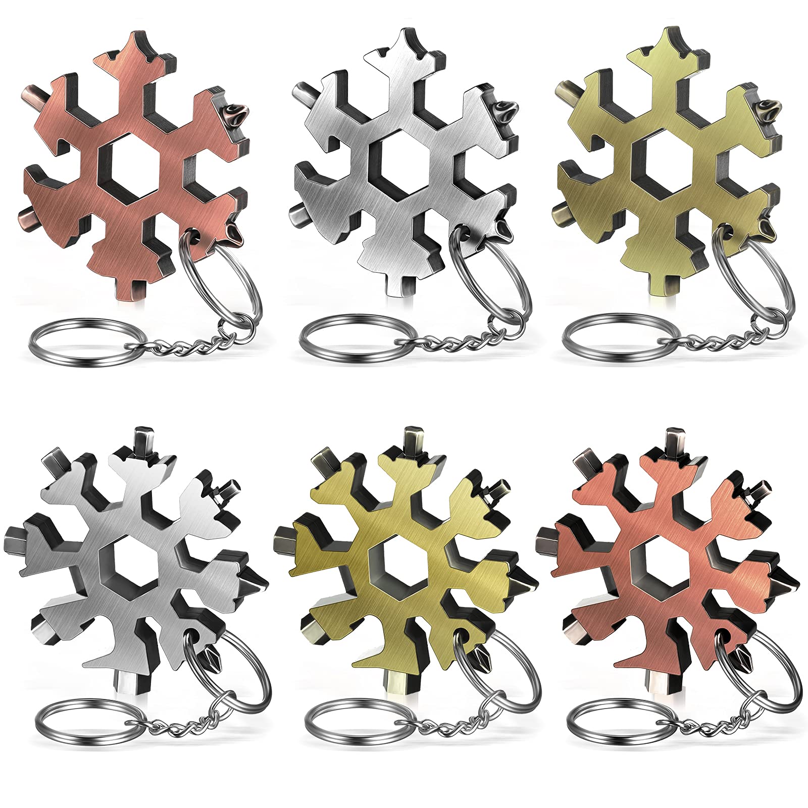 6 Pieces Metal Snowflake Multi Tool Stainless Steel Snowflake Screwdriver 18-in-1 Snowflake Standard Multi Tool Bottle Opener Wrench (Silver, Bronze, Red Bronze)