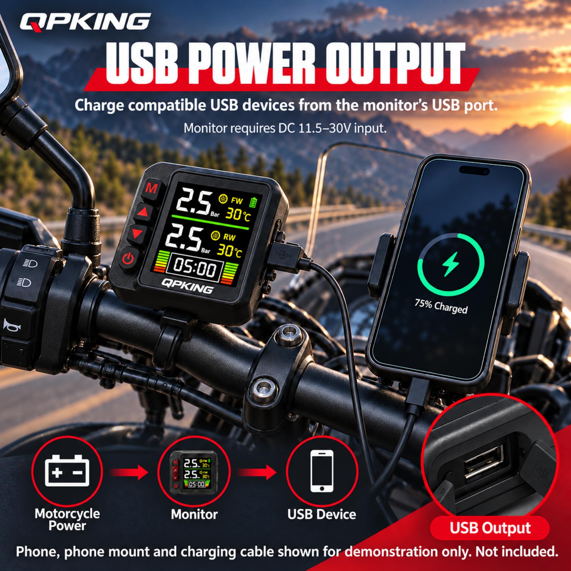 Motorrad-Reifendruckkontrollsystem, LCD, 2 Außensensoren