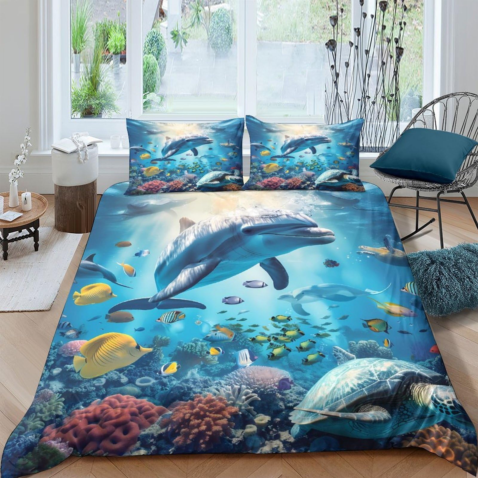 Ctjqhvkz Style-1 3D Printed Ocean Dolphin Fitted Sheet Microfiber Soft Breathable Coral Reef Bed Cover For Bedroom Guest Room Mattress Decor Single（135X200cm）