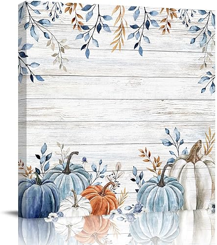 Lienzo decorativo para pared con diseño de calabaza otoñal, diseño de calabazas de color azul, blanco y naranja degradado, grano de madera rústica,