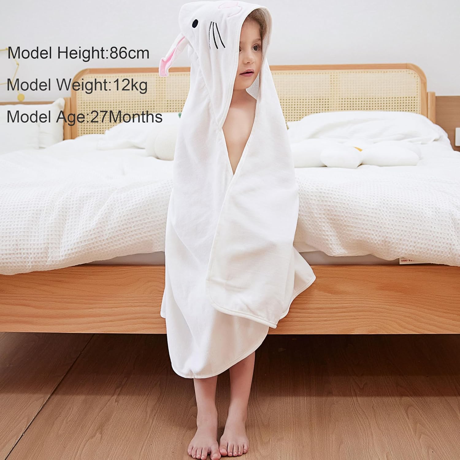 HAHASHOW Baby 3D Animal Hooded Bath Towel, 100% Cotton Ultra Soft Thick Bathrobe Shower Gift for Newborn Boy Girl Large Size 35 X 35 Inch White Rabbit