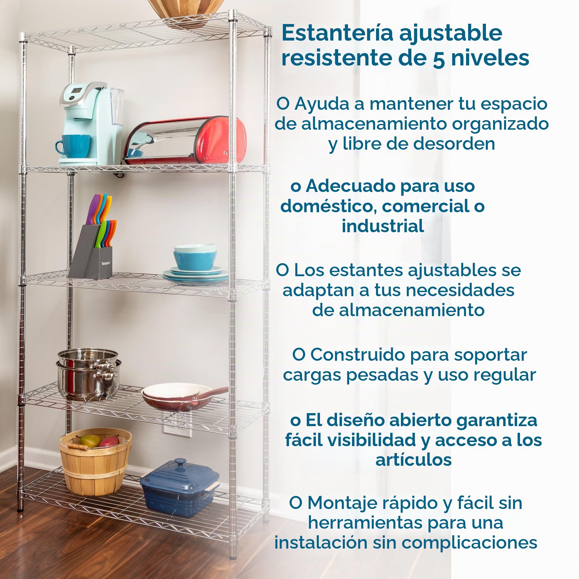 Honey Can Do Unidad de Estantería Ajustable con 5 Niveles, Acero Inoxidable, Cromado, 19.05x36.83x95.25 cm