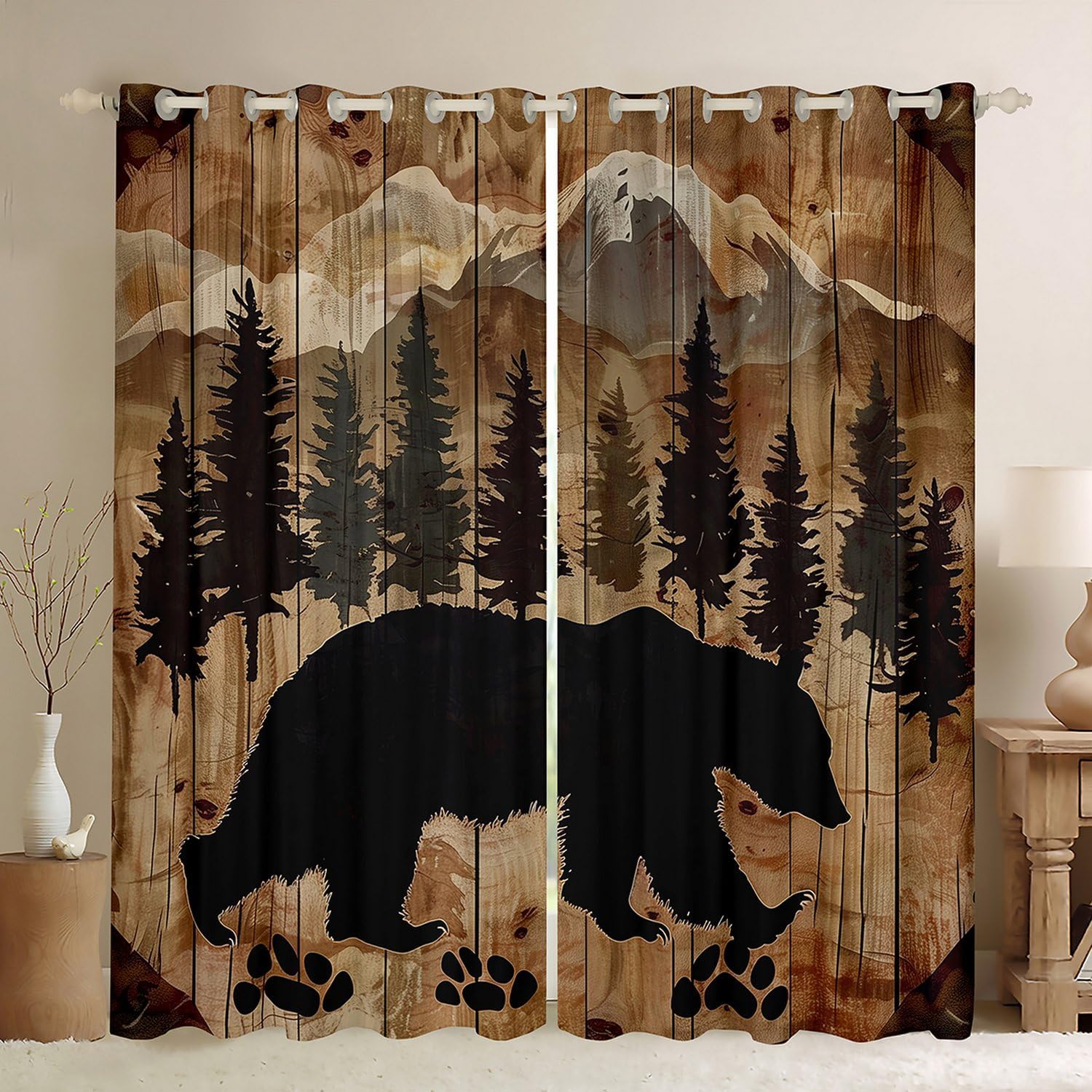 jejeloiu Kids Bear Curtains for Bedroom (2 Panels, 52 x 84 Inch) Boys Girls Wild Animal Blackout Curtains Farmhouse Rustic Cabin Country Darkening Drapes Nature Wildlife Bear Window Treatments