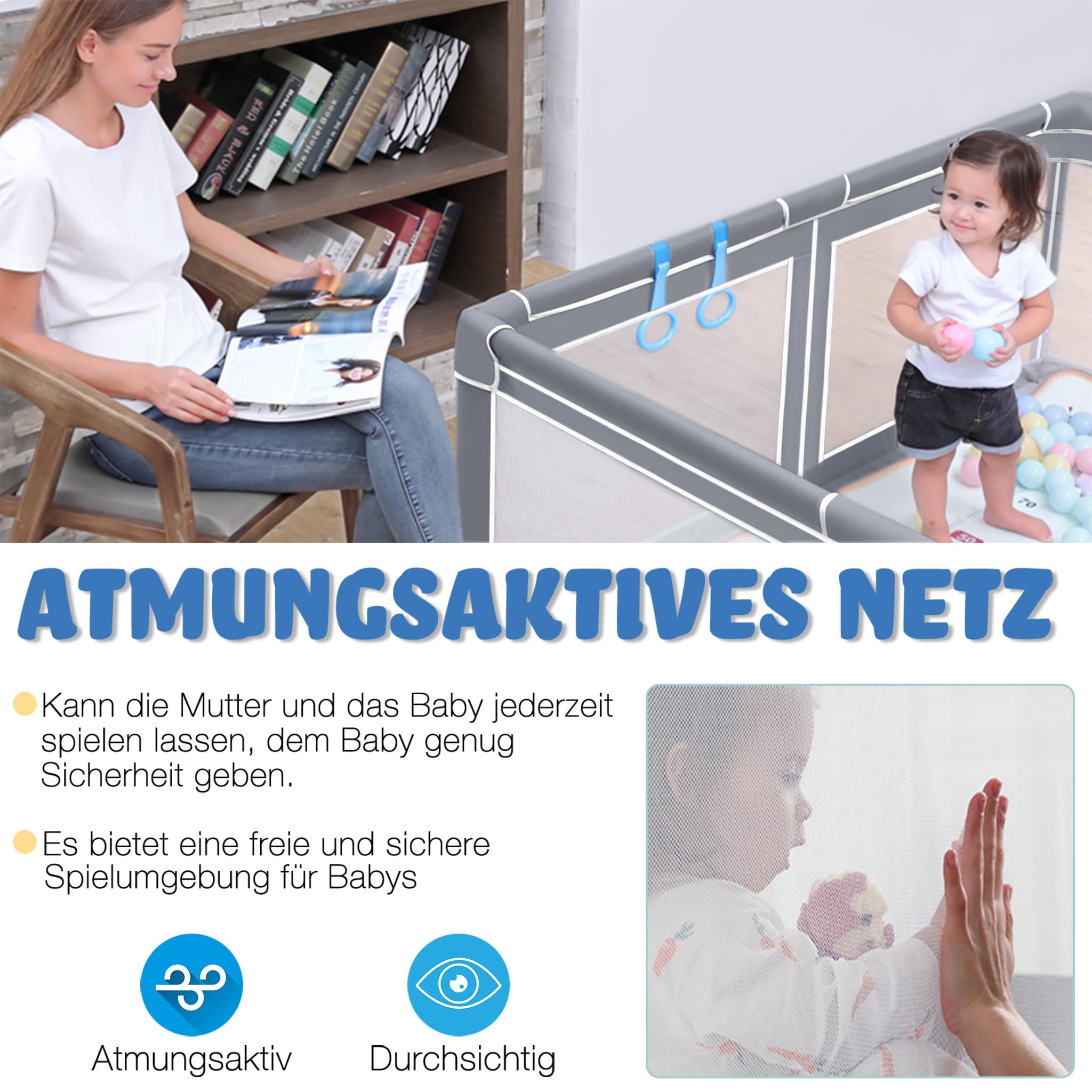 UISEBRT Parque infantil con base antideslizante y red transpirable y 50 pelotas, rejilla de barrera estable, centro de actividades para niños, gris oscuro – 150 x 180 cm