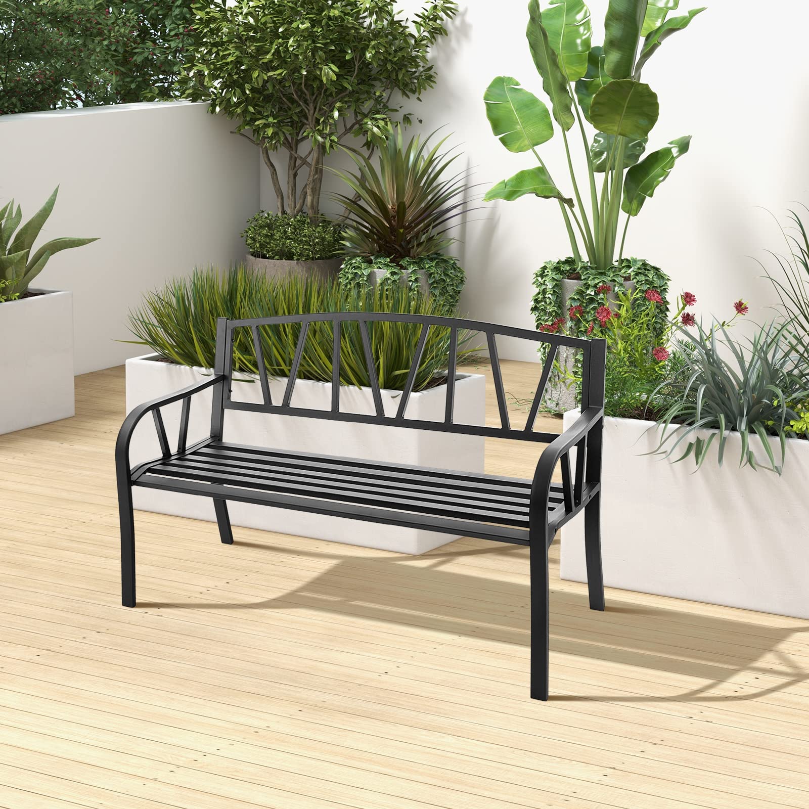 KOMFOTTEU Panca da giardino a 2 posti, metallo, carico 300 kg, 01, 128 x 55,5 x 86 cm | Panca da parco con schienale, Sedia da parco, per balcone, terrazza, nero