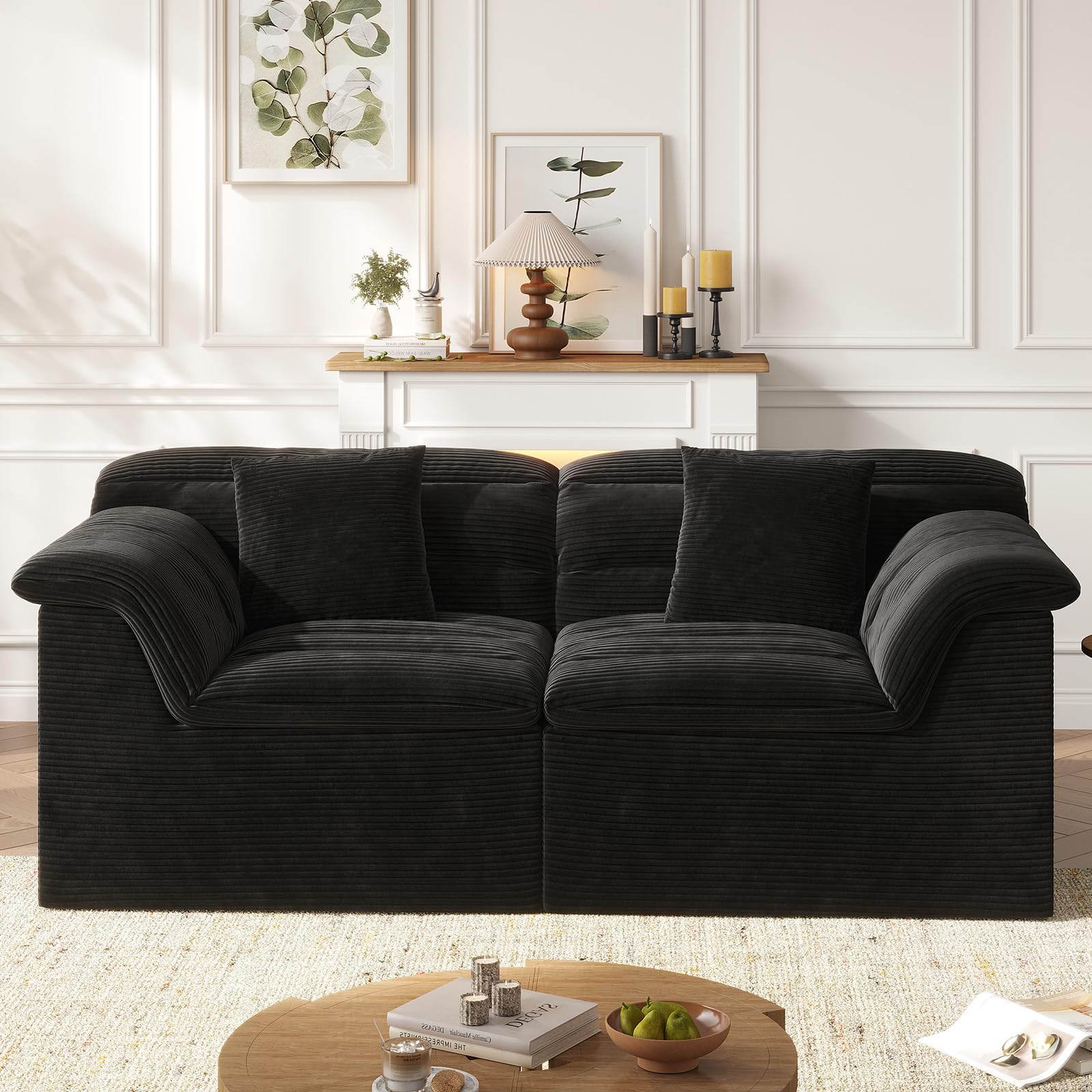 SUNG7 88" Sofa with Deep Seats Oversize, 3 Seater Cloud Couches, Upholstered Corduroy Couch for Living Room Bedroom, No Assembly Required, Black
