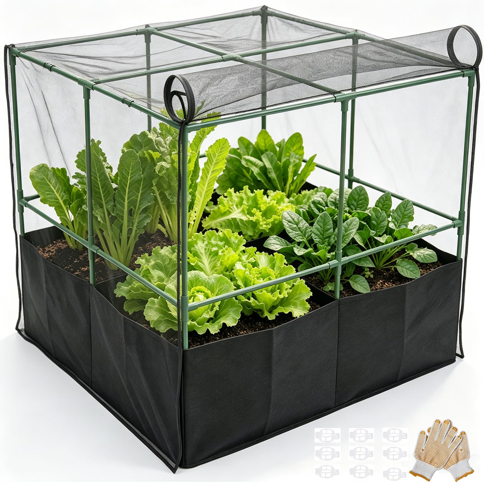 90x90cm Fabric Grow Bag Vegetable Planter - Plant Grow Bags with Support Metal Trellis & Insect Netting - Bird & Pest Proof Cage with Zippered Access - Heavy Duty Crop Cage for Allotment & Patio