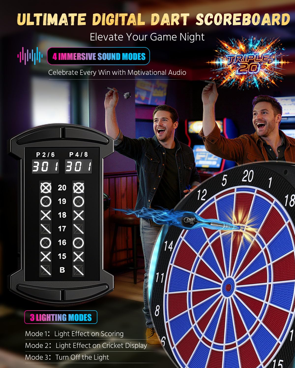 Cible de Fléchettes Électronique Adultes avec Armoire, LED 8 Couleurs Sons | Effets Sonores et Lumineux, Score Automatique, 12 Fléchettes Soft Tip, Mode Cricket
