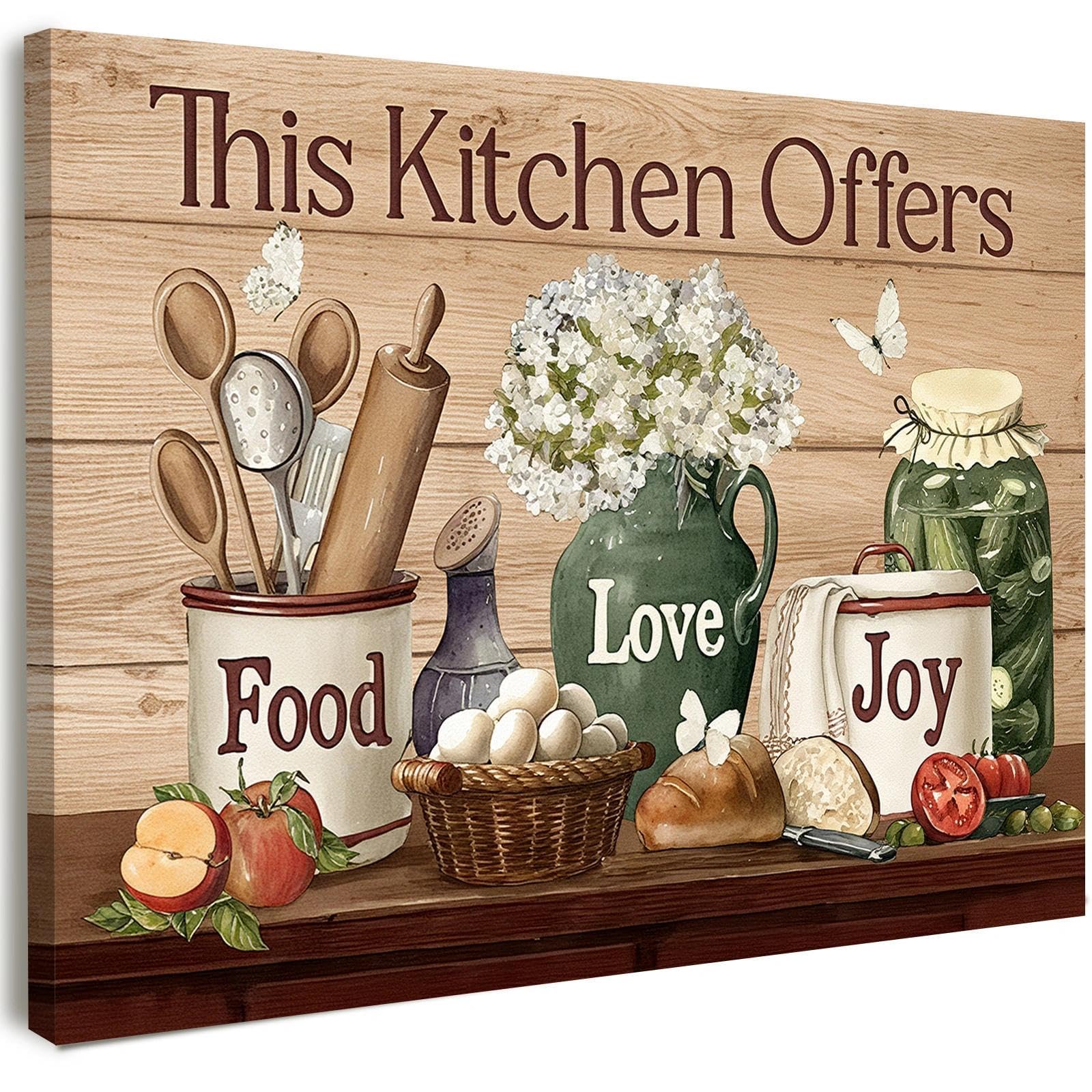 Canvas Wall Art Framed – Rustic Farmhouse Kitchen Wall Decor for Dining Room, Breakfast Nook, Pantry, Coffee Bar or Country Cottage Home Decoration, Food Quote Print with Hooks and Nails, 20x16 Inch